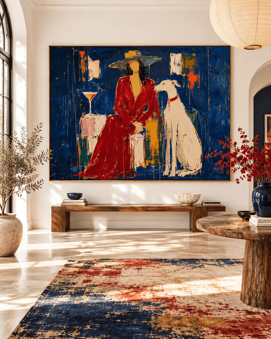 Modern Textured Art Abstract Portrait Of Lady With Dog In Blue