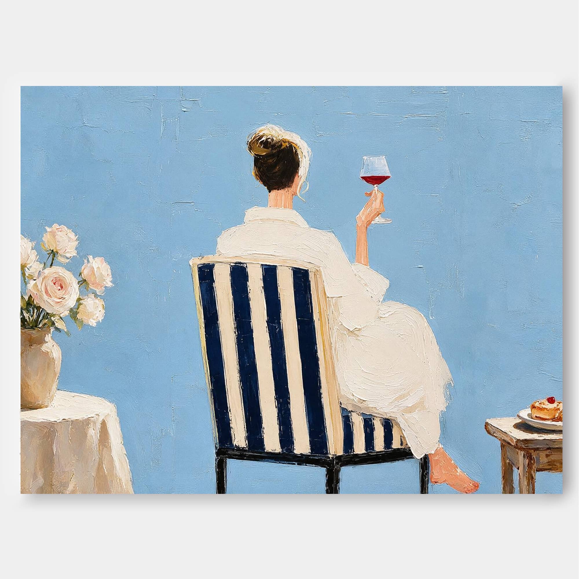 Impressionist Style Canvas Painting Blue And White Striped Chair Art