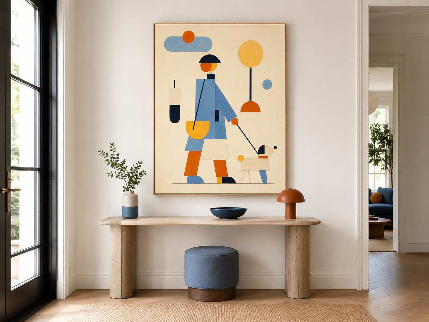 Minimalist Geometric Oil Painting Of Daily Life Scene With Abstract Shapes And Soft Colors
