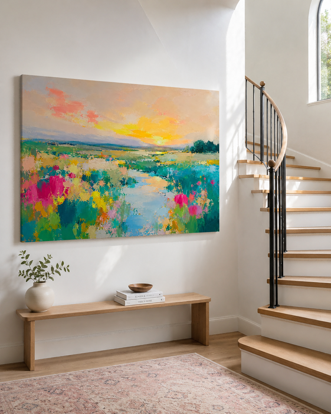 Colorful Floral Landscape Hand-Painted Canvas Art With Warm Sunset Tones