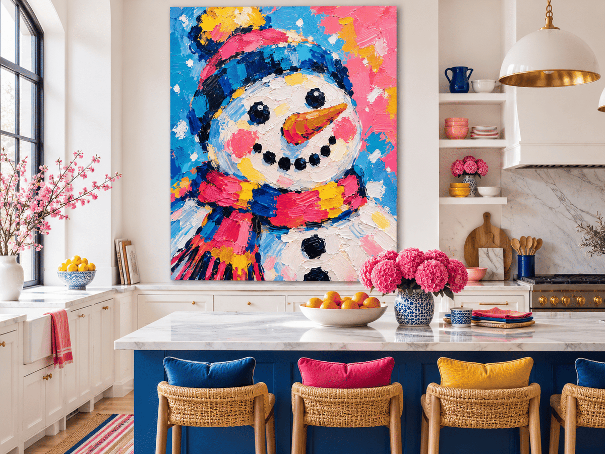Modern Naive Art Snowman Painting High Saturation Pink Blue Yellow Textured Original Art