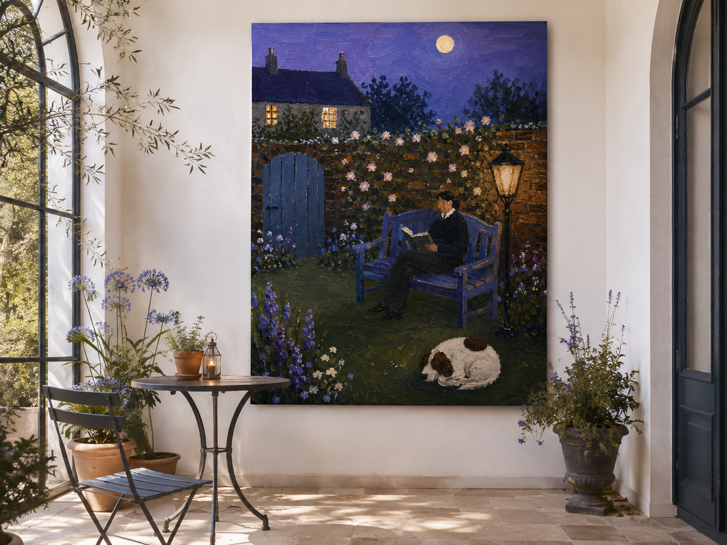 Moonlit Garden Reader With Sleeping Dog Hand-Painted Canvas Art