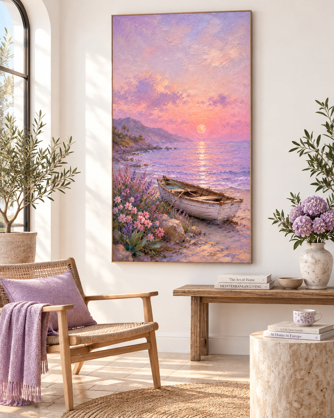 Hand-Painted Sunset Boat Seascape Canvas Art In Pink And Purple