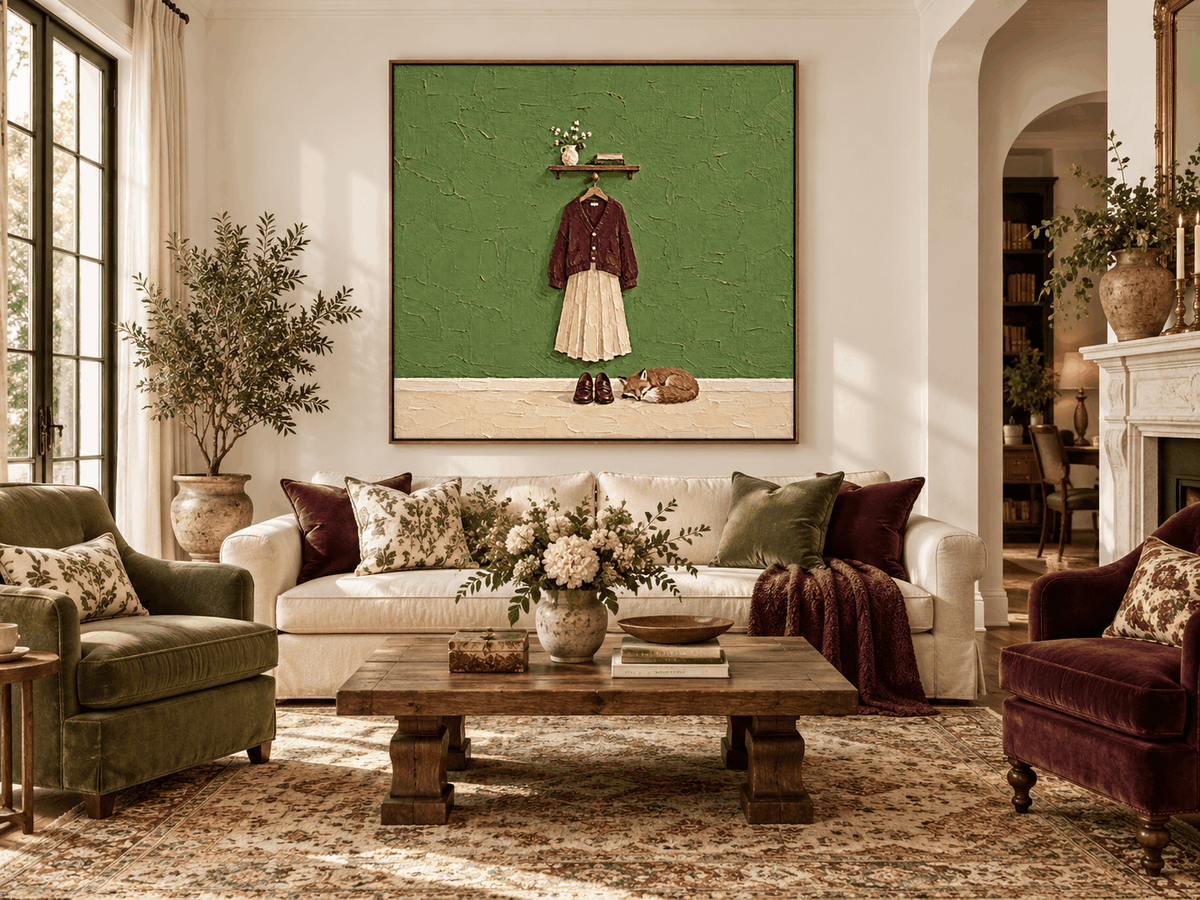 Sleeping Fox And Burgundy Cardigan Hand-Painted Canvas Art With Green Textured Background