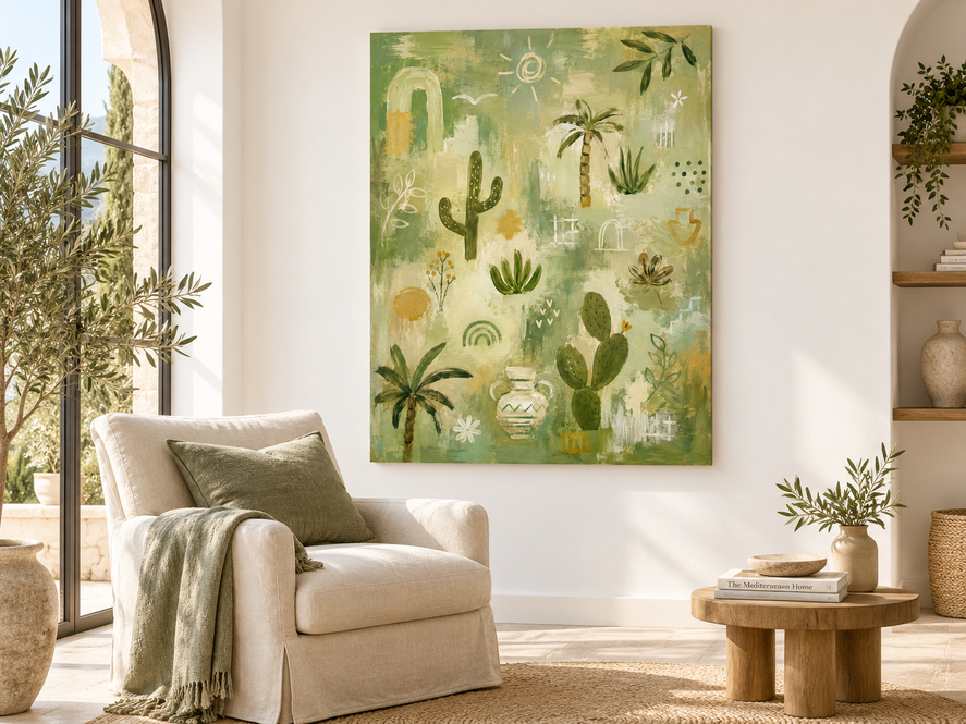 Modern Geometric Abstract Painting With Natural Motifs In Green