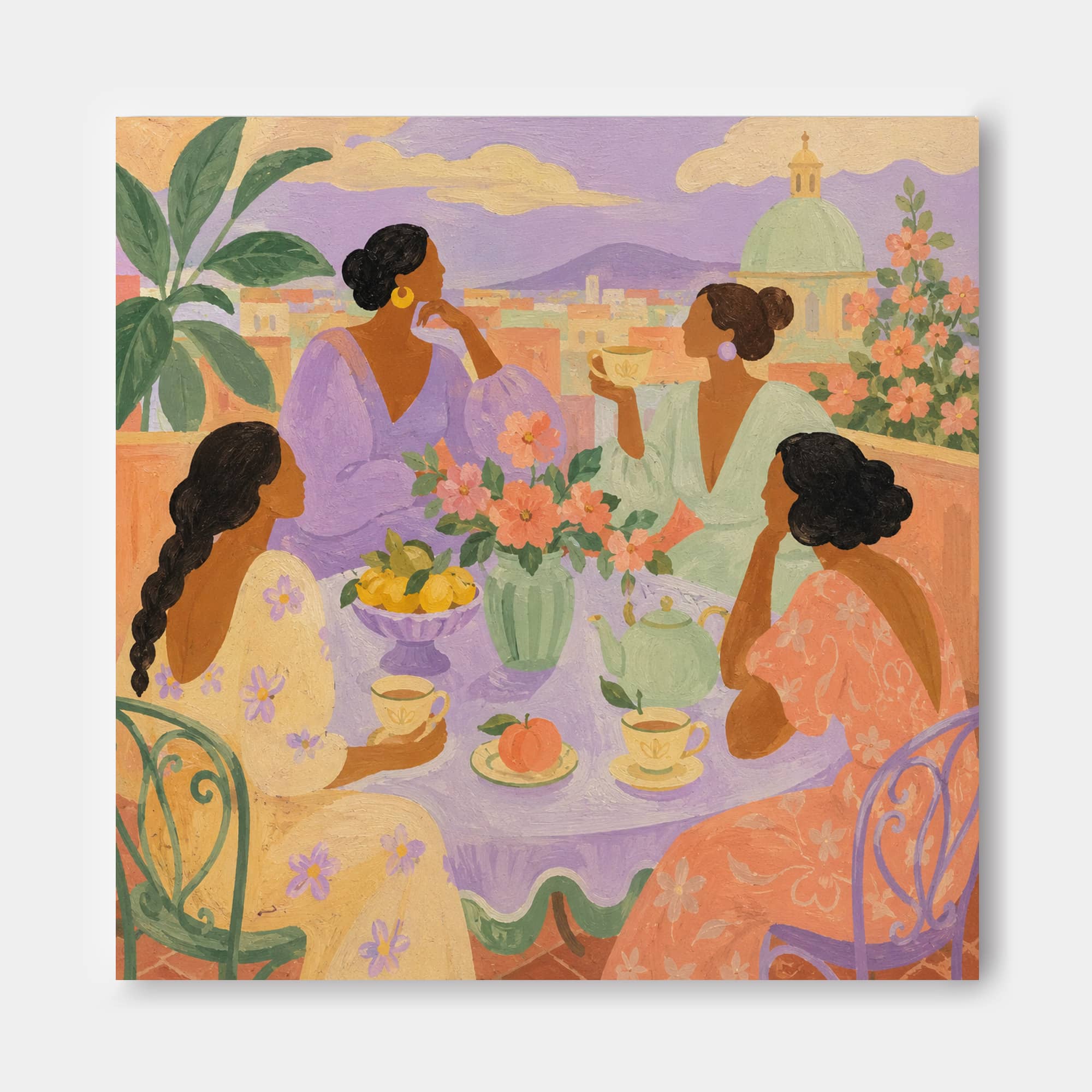 Art Deco Inspired Dreamy Female Gathering Original Canvas Art With Floral Details