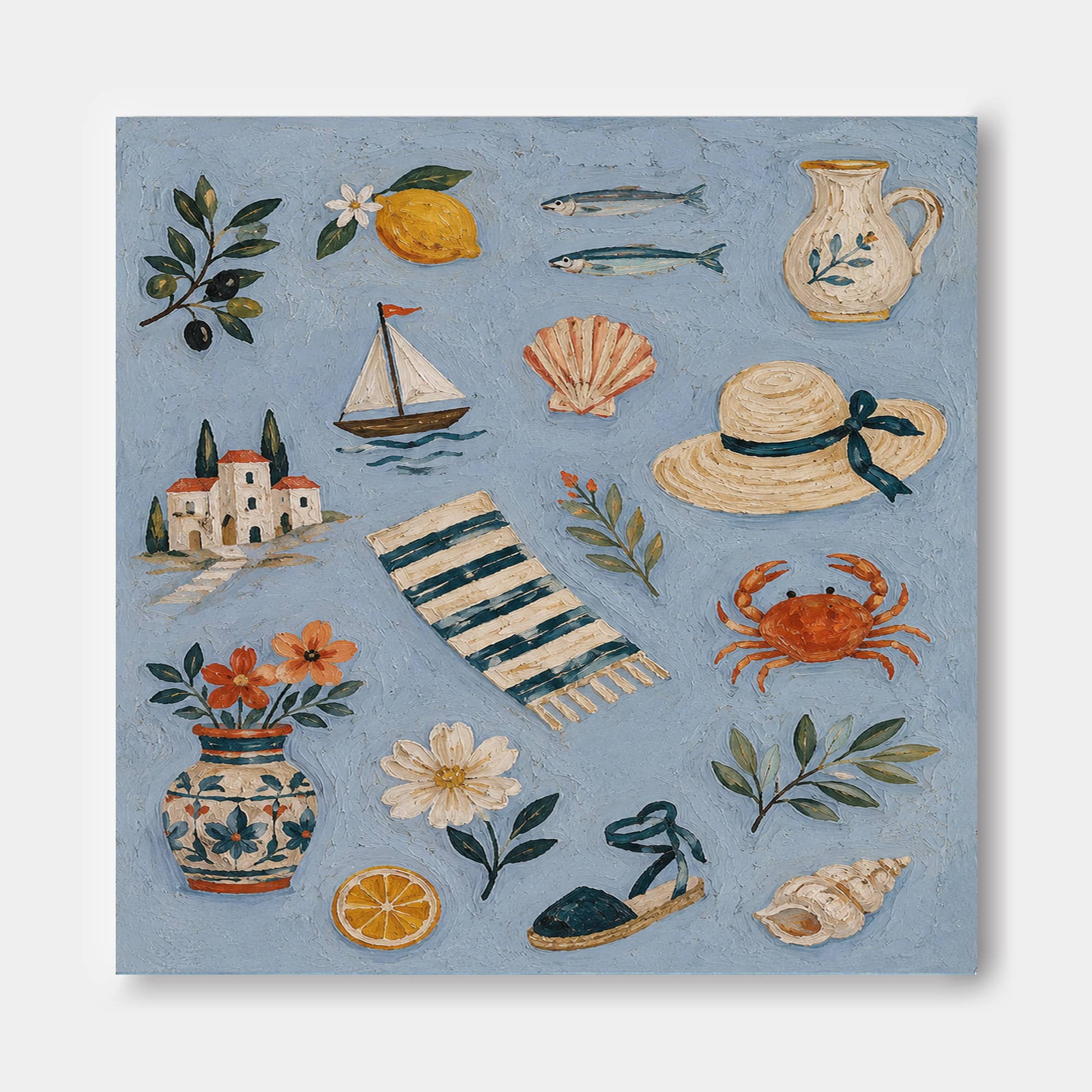 Mediterranean Bohemian Square Oil Painting With Sea Life And Lemons For Living Room Decor