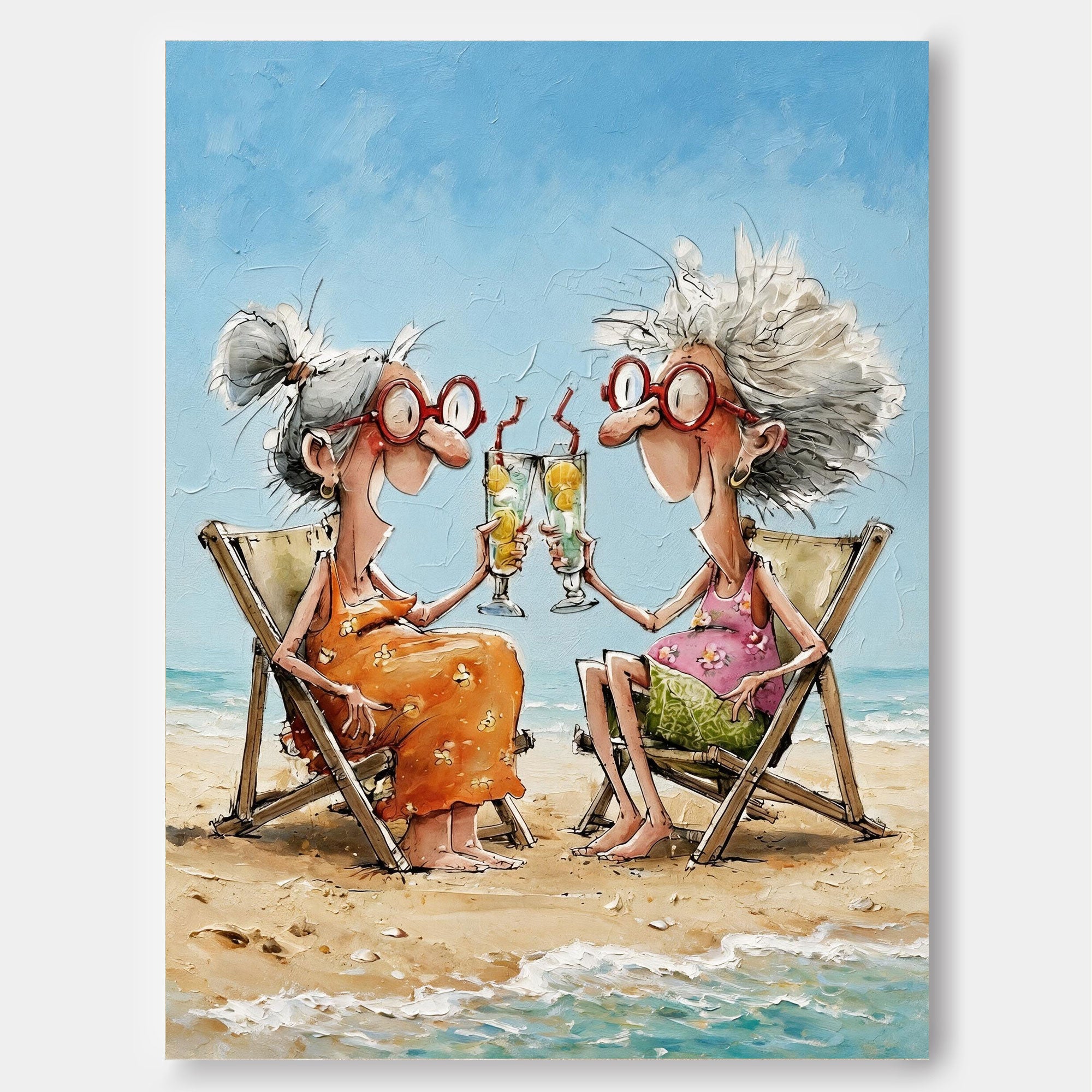 Colorful Illustrative Canvas Art Featuring Funny Seniors At The Beach In Orange And Pink