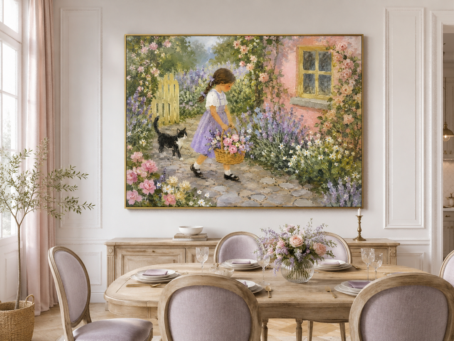 Romantic Impressionist Style Oil Painting Of A Flower Garden Hand-Painted Garden Scene With Girl And Cat Canvas Art