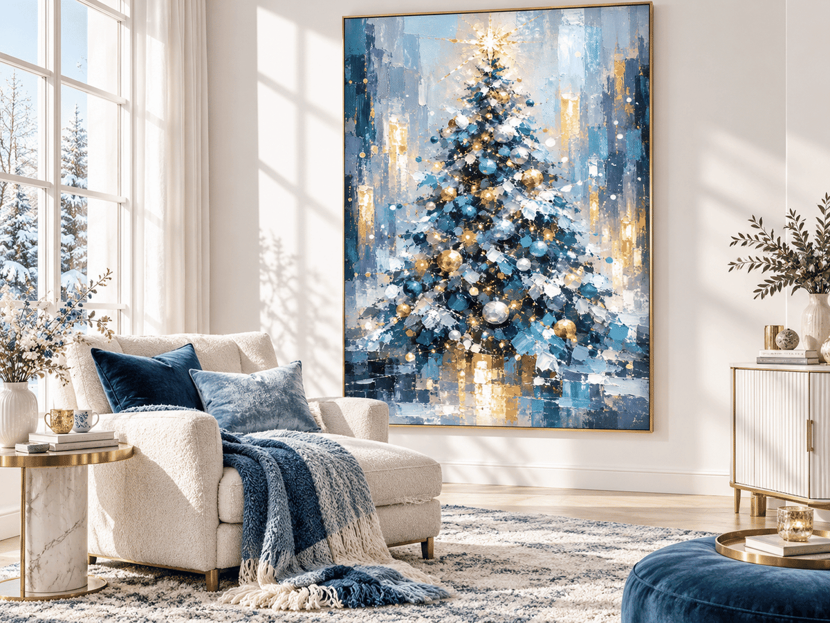 Textured Abstract Art With Vintage Touch Abstract Blue And Gold Christmas Tree Canvas Painting Hand-Painted Modern Holiday Wall Art