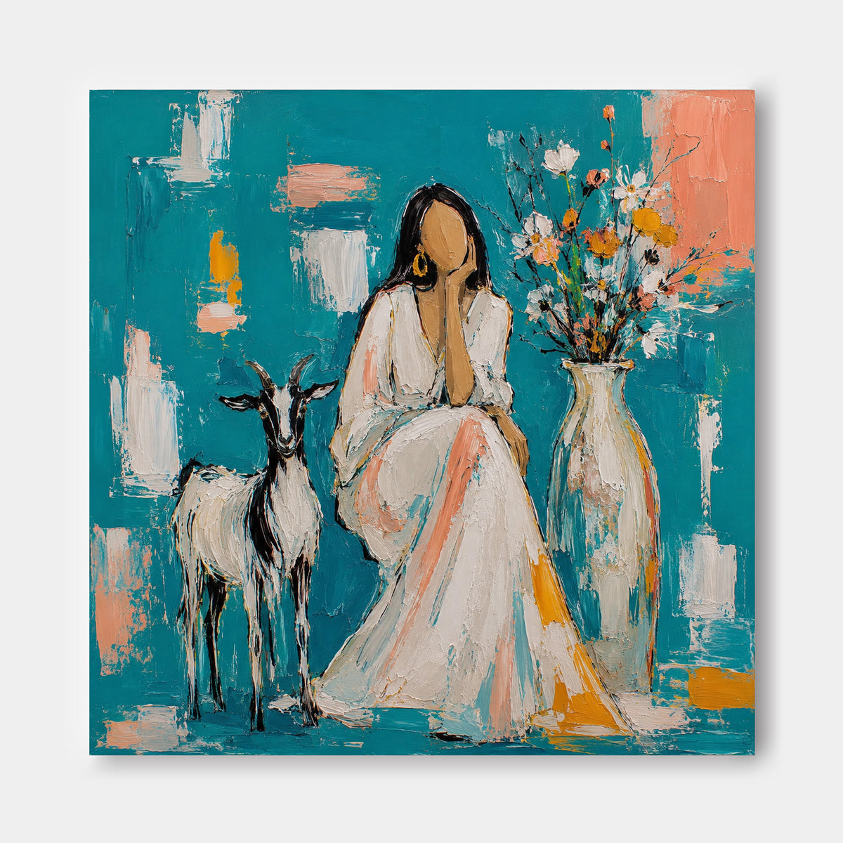Minimalist Textured Oil Painting With Pastoral Theme And Blue Tone Woman With Goat And Flowers Abstract Canvas Art