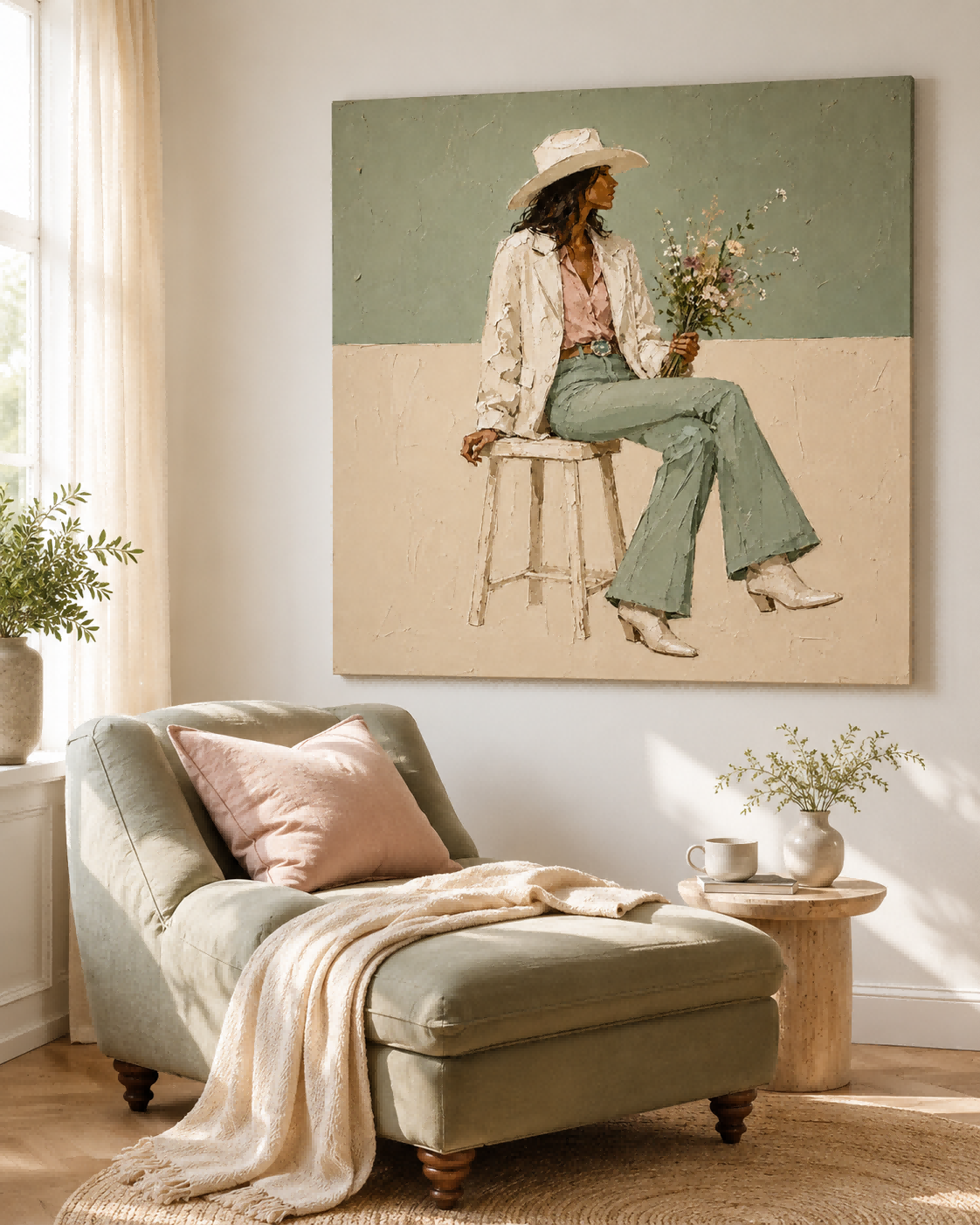 Stylish Cowboy Woman Portrait With Wildflowers In Sage Green And Beige Tones For Modern Farmhouse Decor