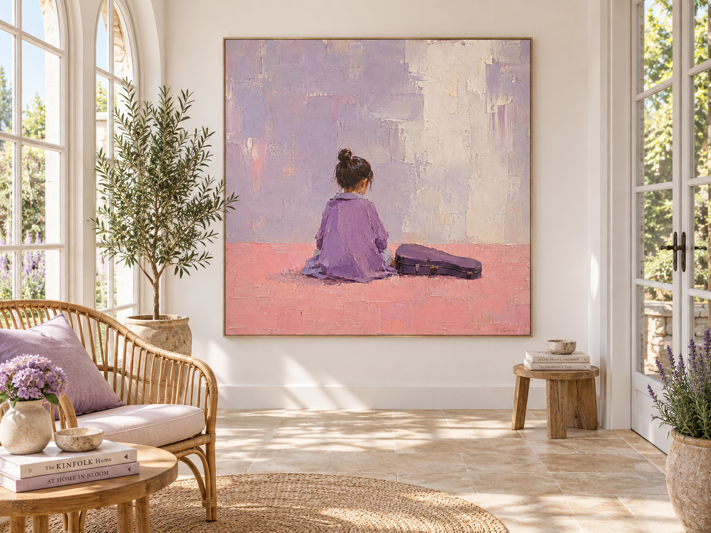 Abstract Modern Art With Girl Figure In Lavender And Blush Textured Canvas