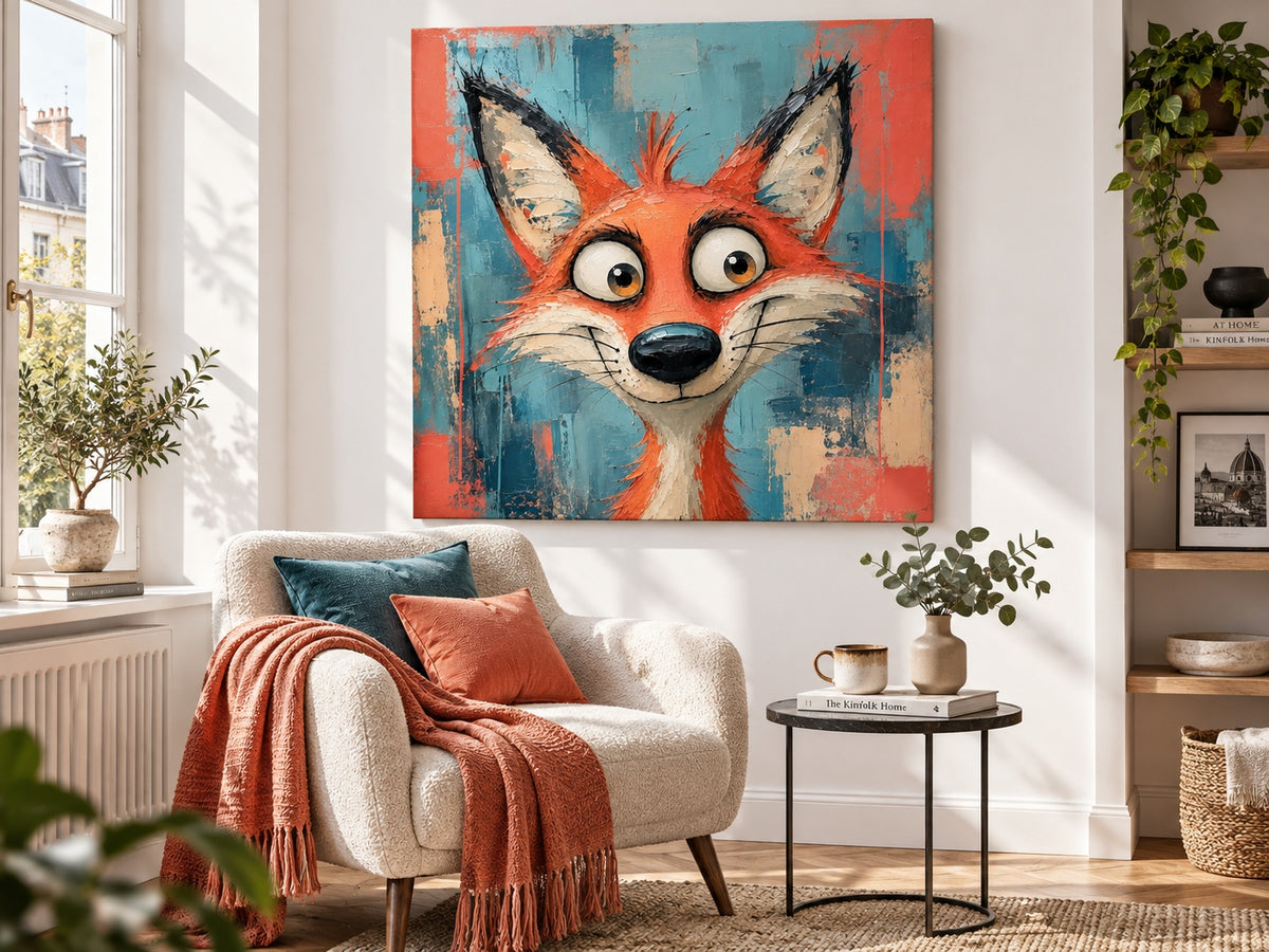 Funny Red Fox Portrait Canvas Painting With Big Eyes In Pop Art Style