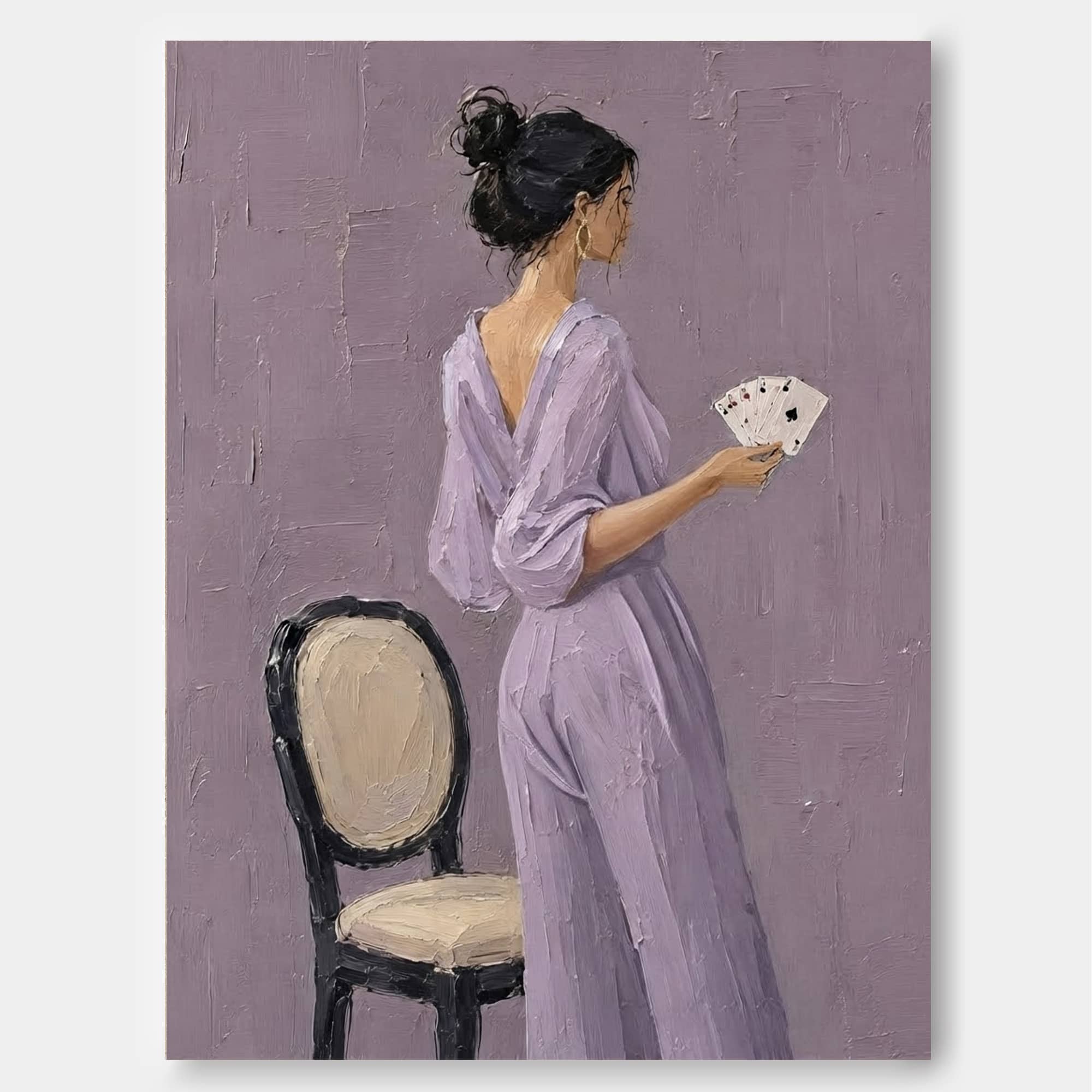 Modern Impasto Oil Painting Of Woman In Purple Jumpsuit With Playing Cards For Living Room