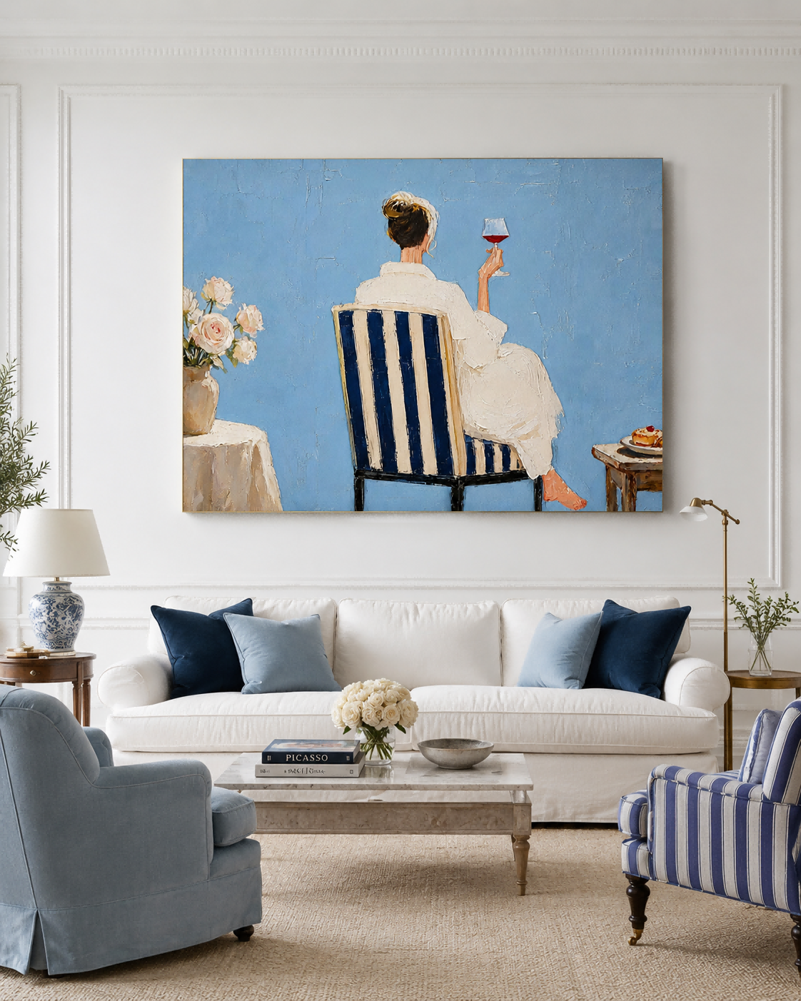 Impressionist Style Canvas Painting Blue And White Striped Chair Art