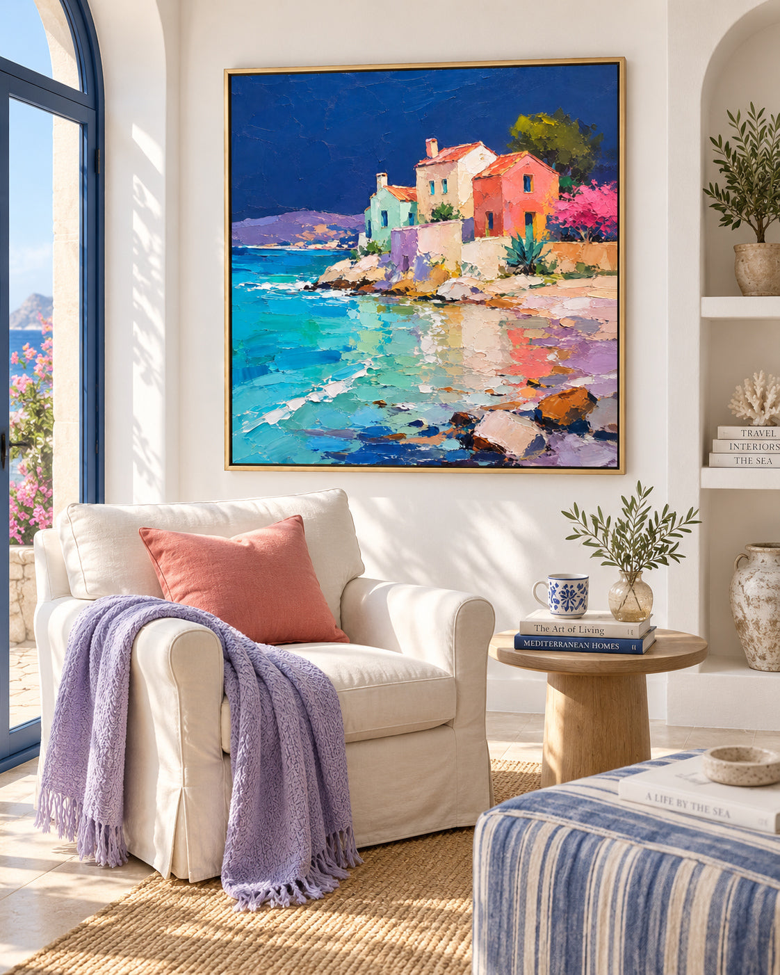 Colorful Mediterranean Coastal Houses With Sea Reflections Hand-Painted Canvas Art