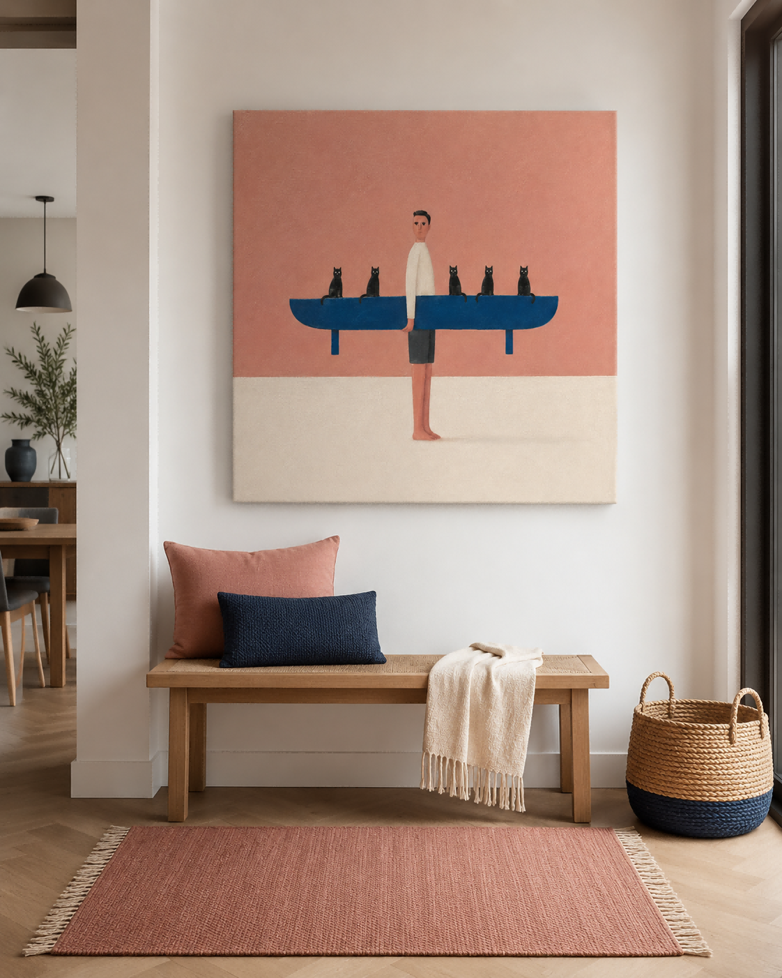 Man With Surfboard And Cats Abstract Canvas Painting In Pink And Blue Playful Pink And Blue Wall Art For Modern Living Room Or Bedroom Decor