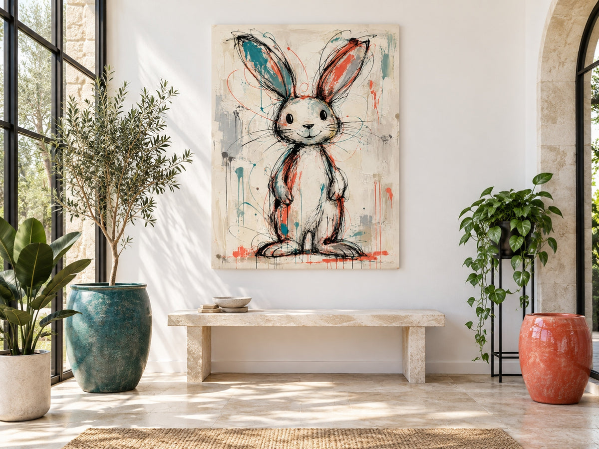 Hand-Painted Graffiti Rabbit Canvas Art With Teal And Coral Accents