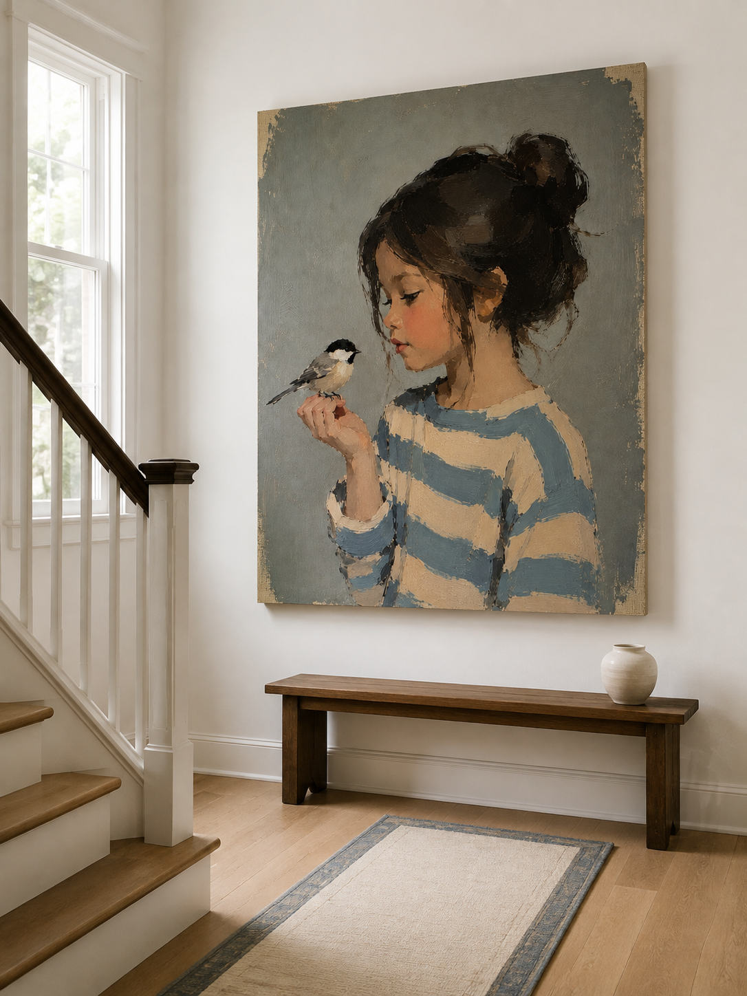 Modern Bedroom Wall Art Girl And Bird Painting Blue Beige Tones