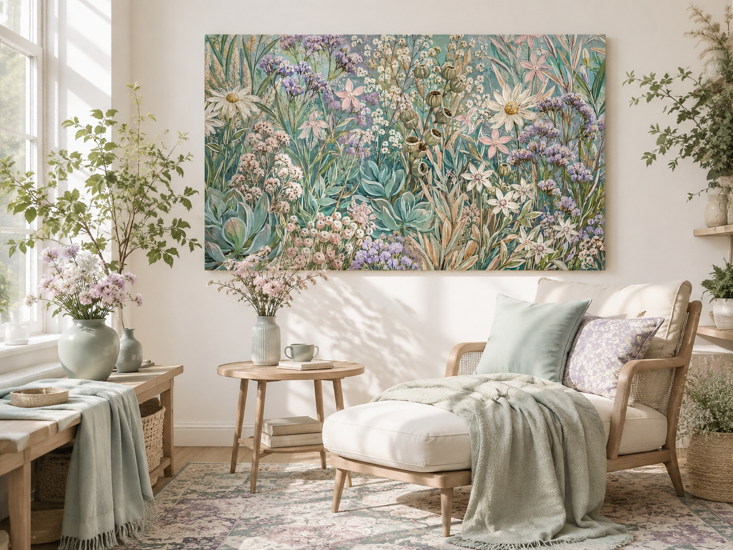 Romantic Wildflower Canvas Painting With Dried Grasses For Bedroom Or Lounge Decoration