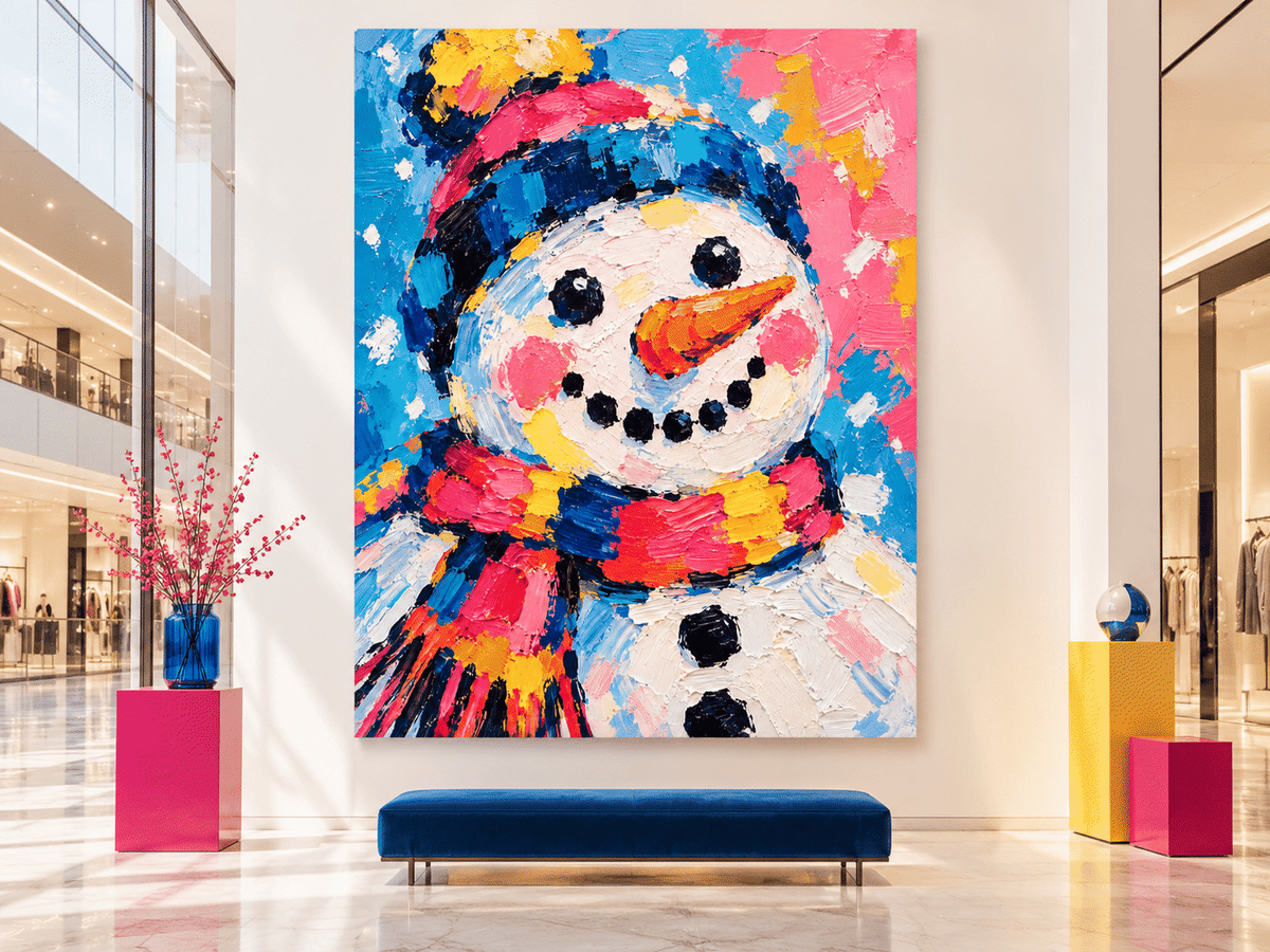 Modern Naive Art Snowman Painting High Saturation Pink Blue Yellow Textured Original Art