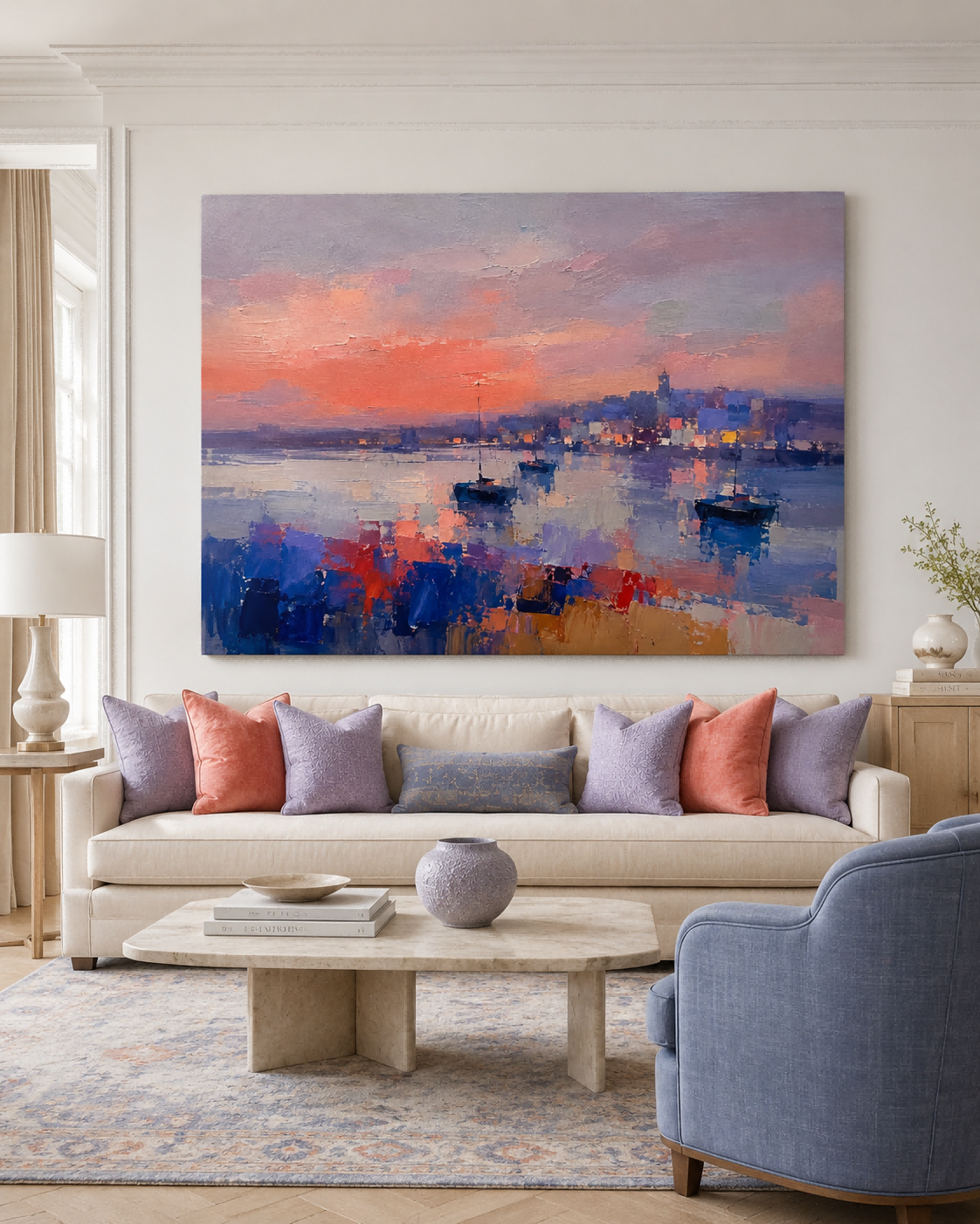 Modern Abstract Impasto Oil Painting Warm Sunset Harbor Scene Art