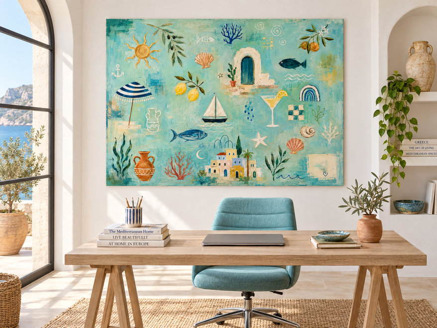 Modern Abstract Beach Decor Painting With Geometric And Organic Shapes
