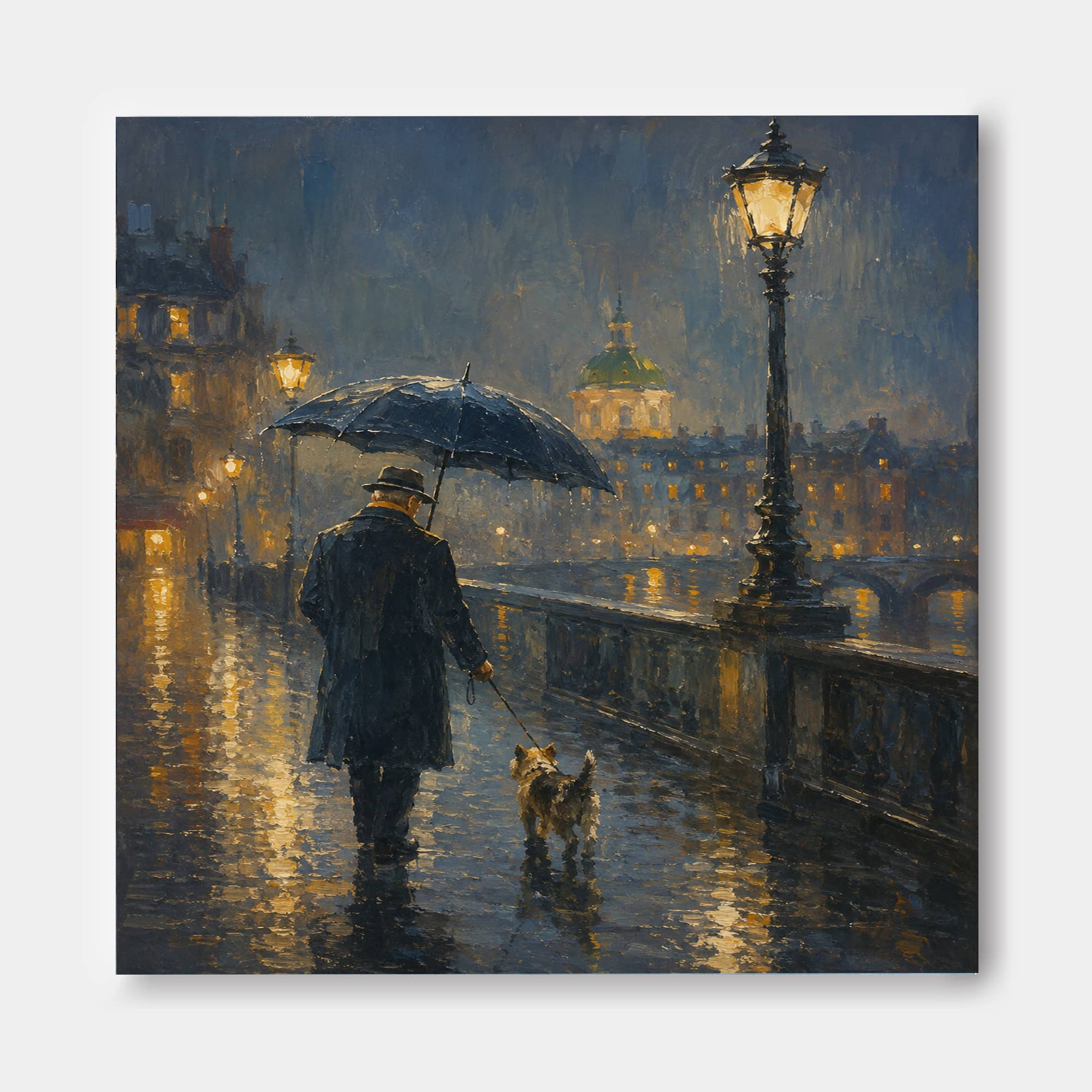 Romantic Impressionist City Night Painting With Man And Dog Under Streetlamp For Living Room Decor