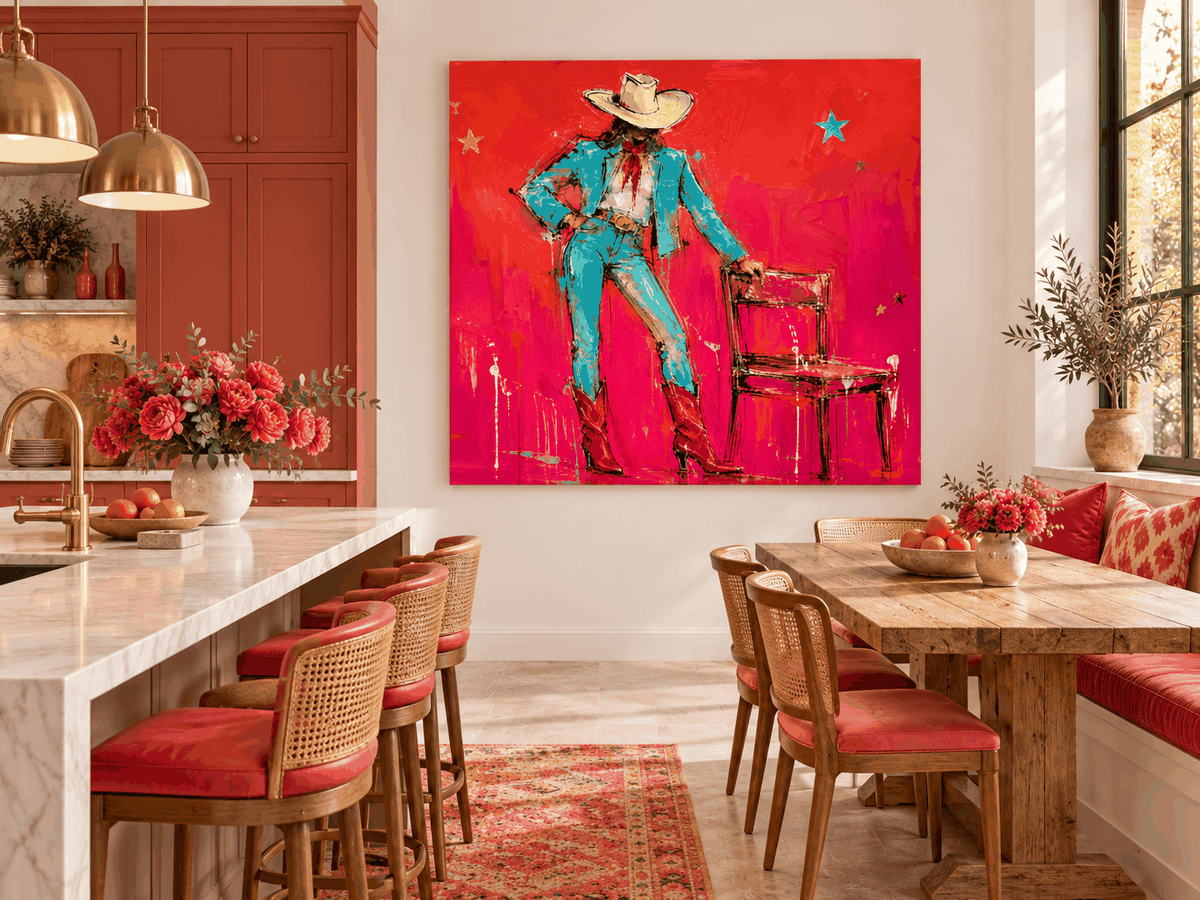 Cool Cowgirl With Red Boots Hand-Painted Canvas Art In Vibrant Red And Blue