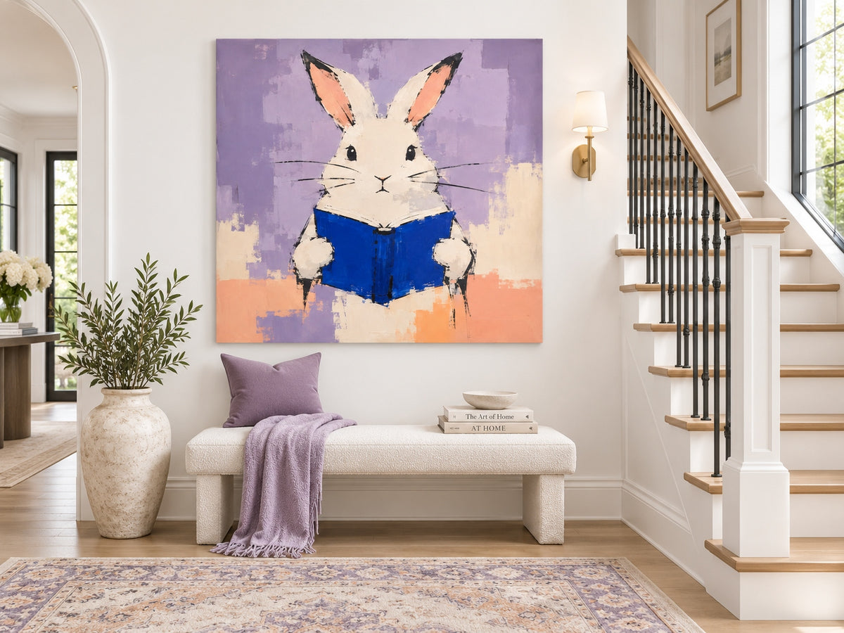 Textured Minimalist Canvas Painting Of Bunny With Book In Modern Style
