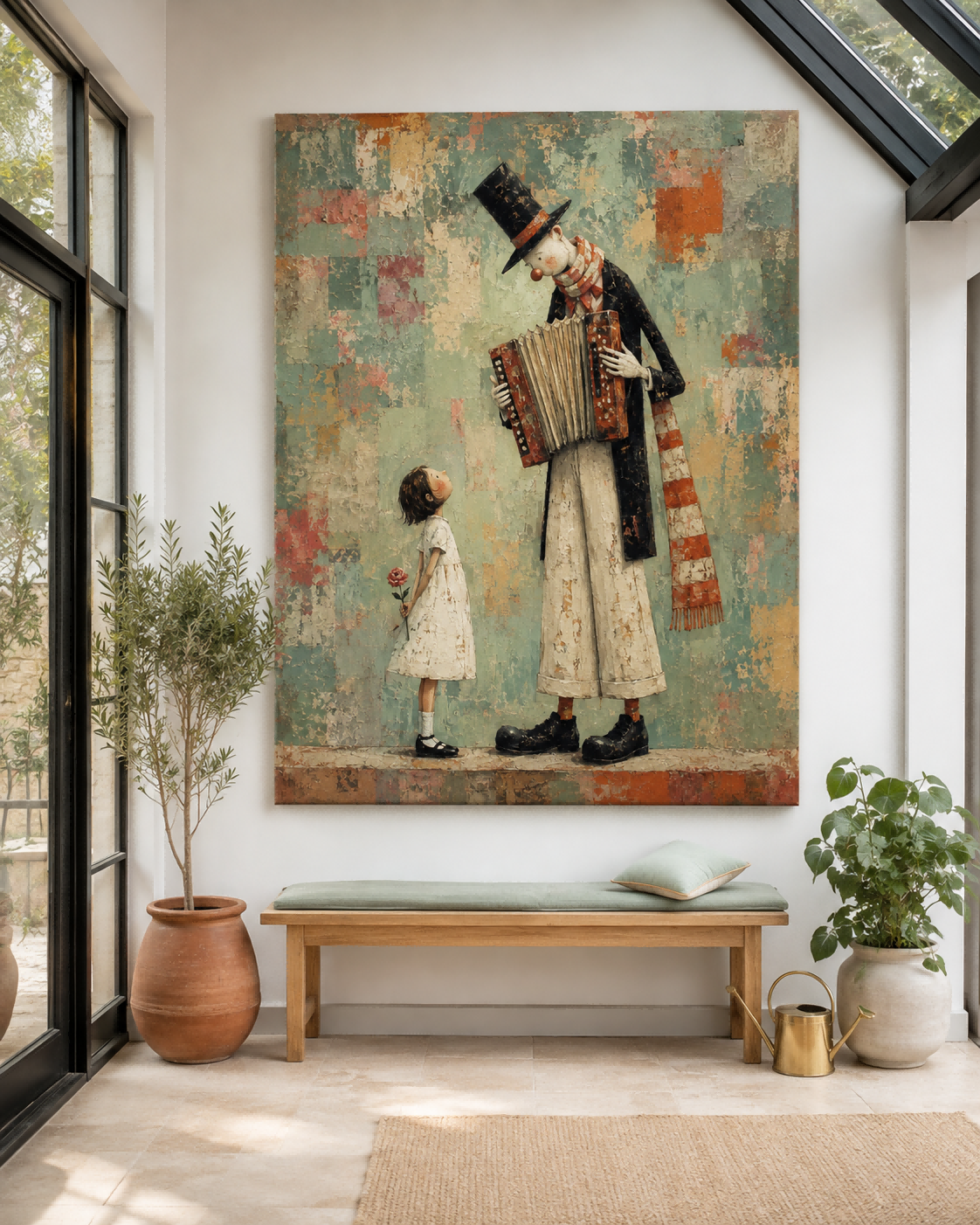 Hand-Painted Accordion Man And Girl Canvas Art With Rose Vintage Style