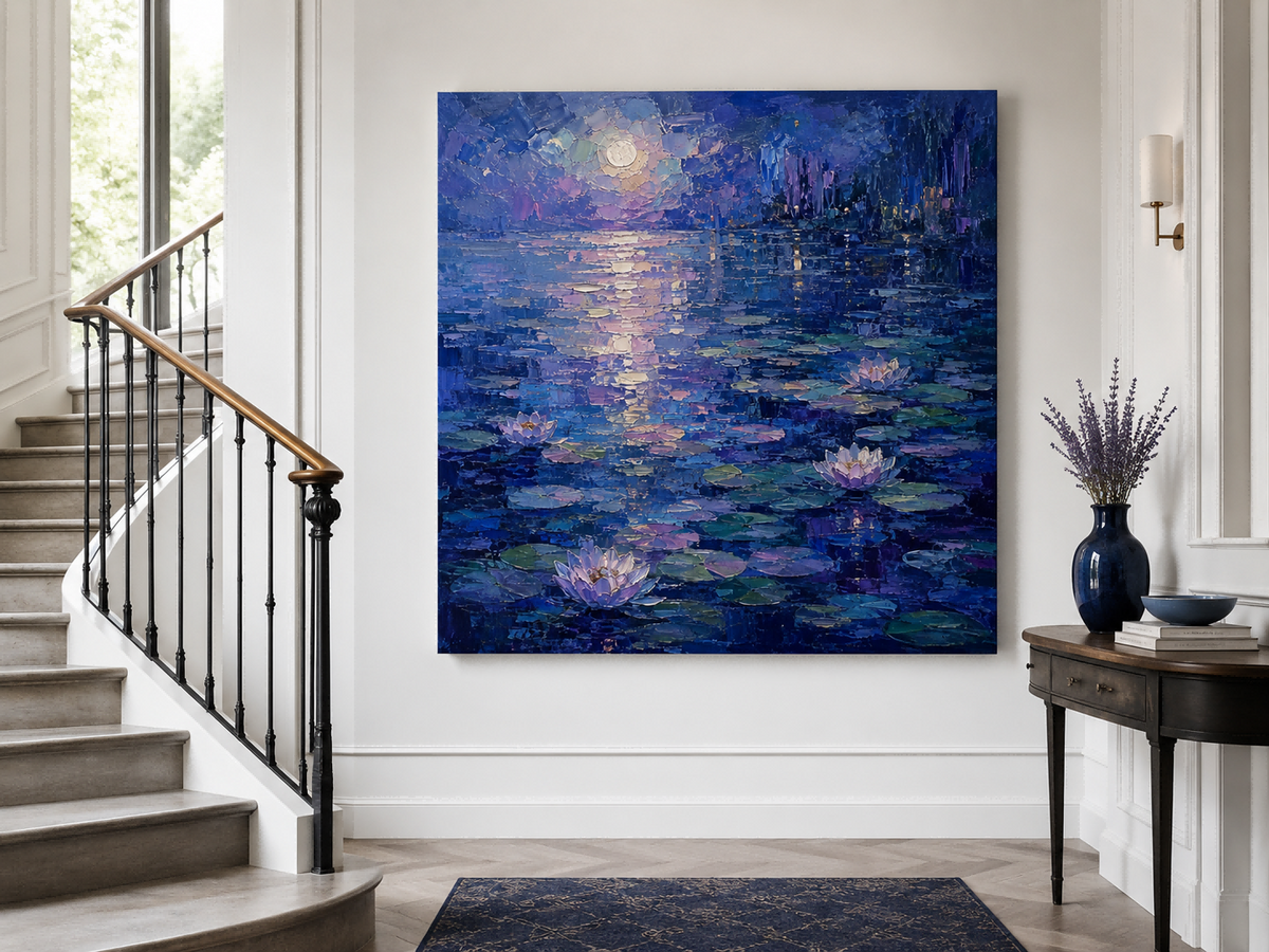 Impressionist Night Landscape Oil Painting With Heavy Texture And Moonlight