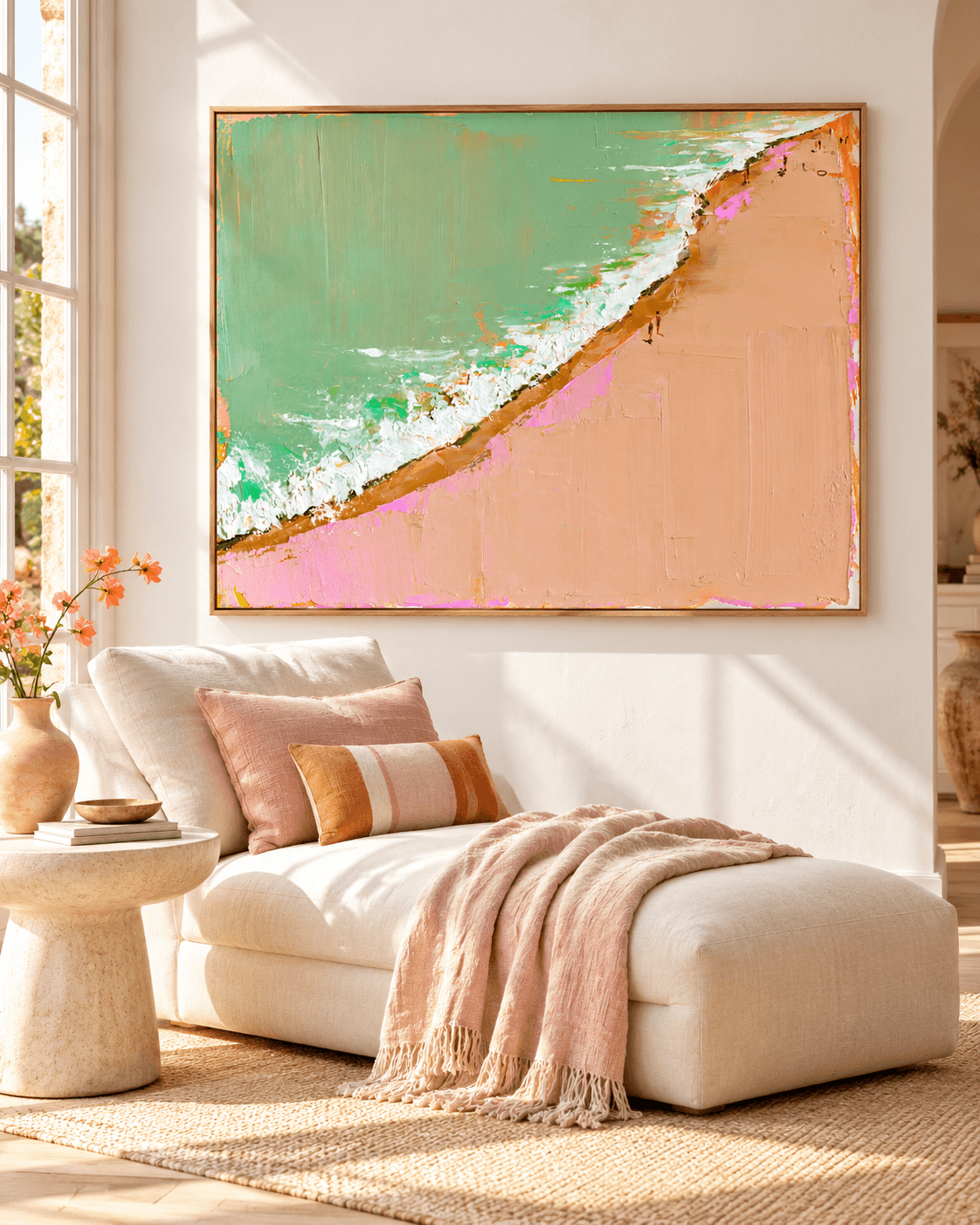 Minimalist Textured Abstract Art In Green And Beige Tones