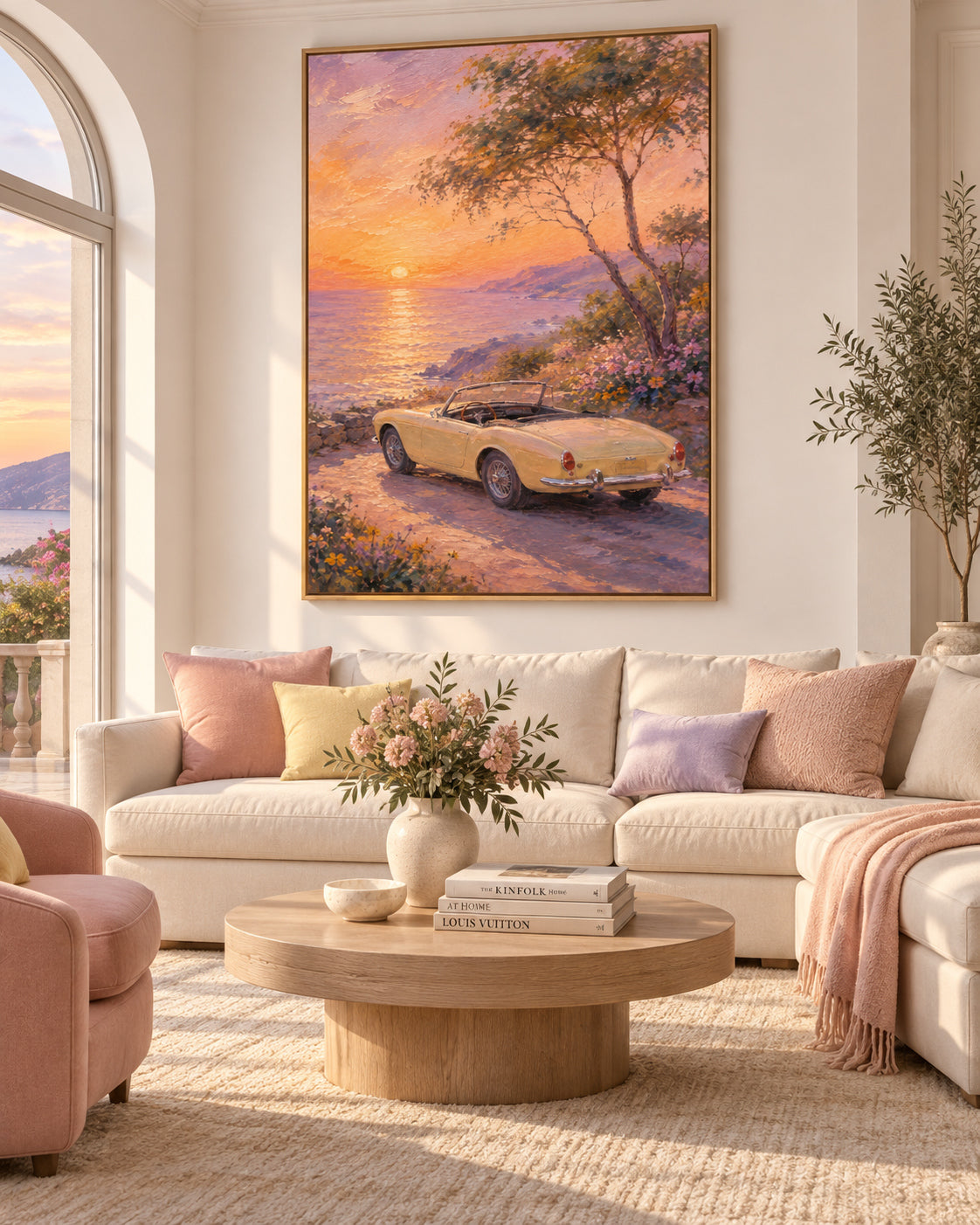 Vintage Car And Sunset Sea Hand-Painted Canvas Art In Gold And Pink