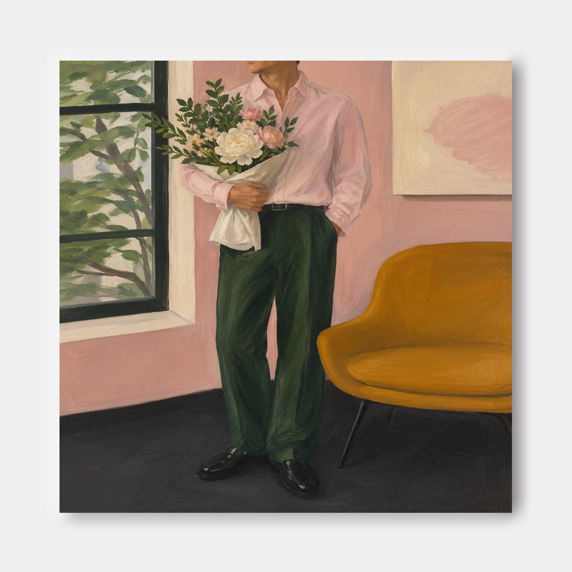 Modern Romantic Figurative Art Canvas Print Gentleman With Bouquet In Warm Tones