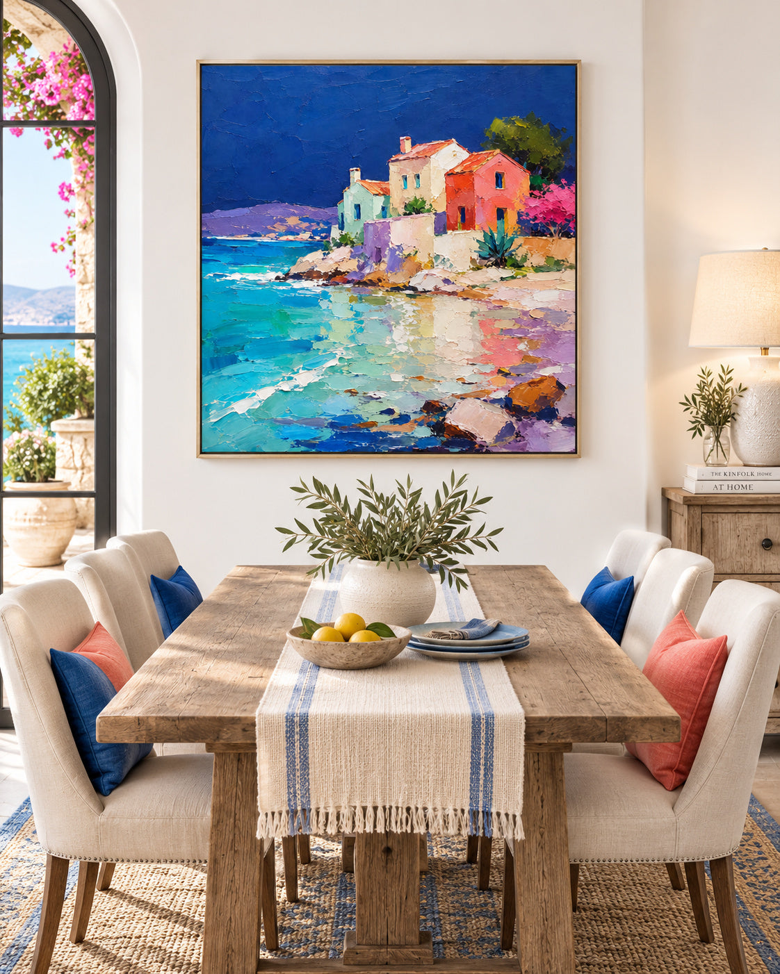 Colorful Mediterranean Coastal Houses With Sea Reflections Hand-Painted Canvas Art