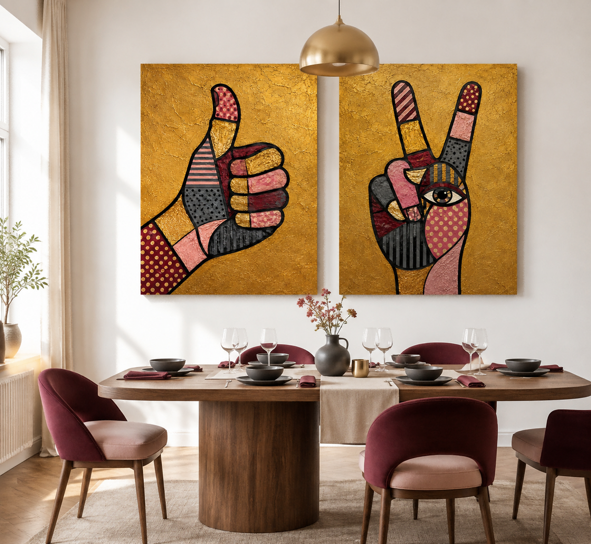 Hand-Painted Pop Art Hand Gestures Canvas Painting Set With Gold Background Eclectic Pop Art Canvas Set Pink Black Geometric Patterns On Gold