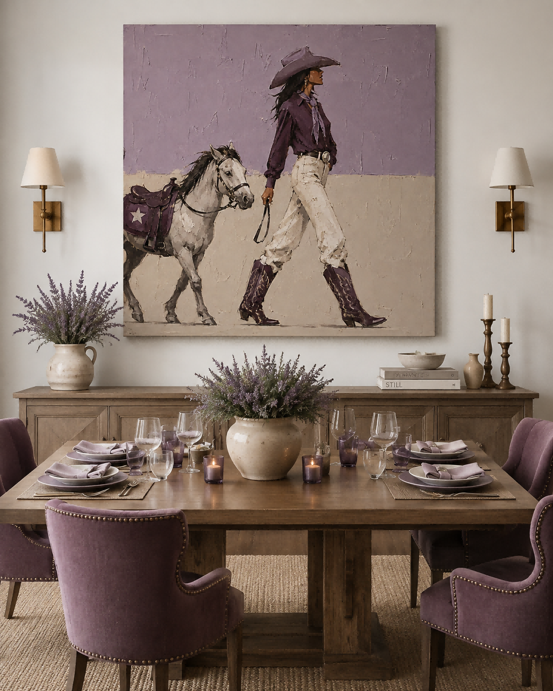Modern Western Cowgirl Art With Horse Purple Beige Square Canvas For Living Room Decor