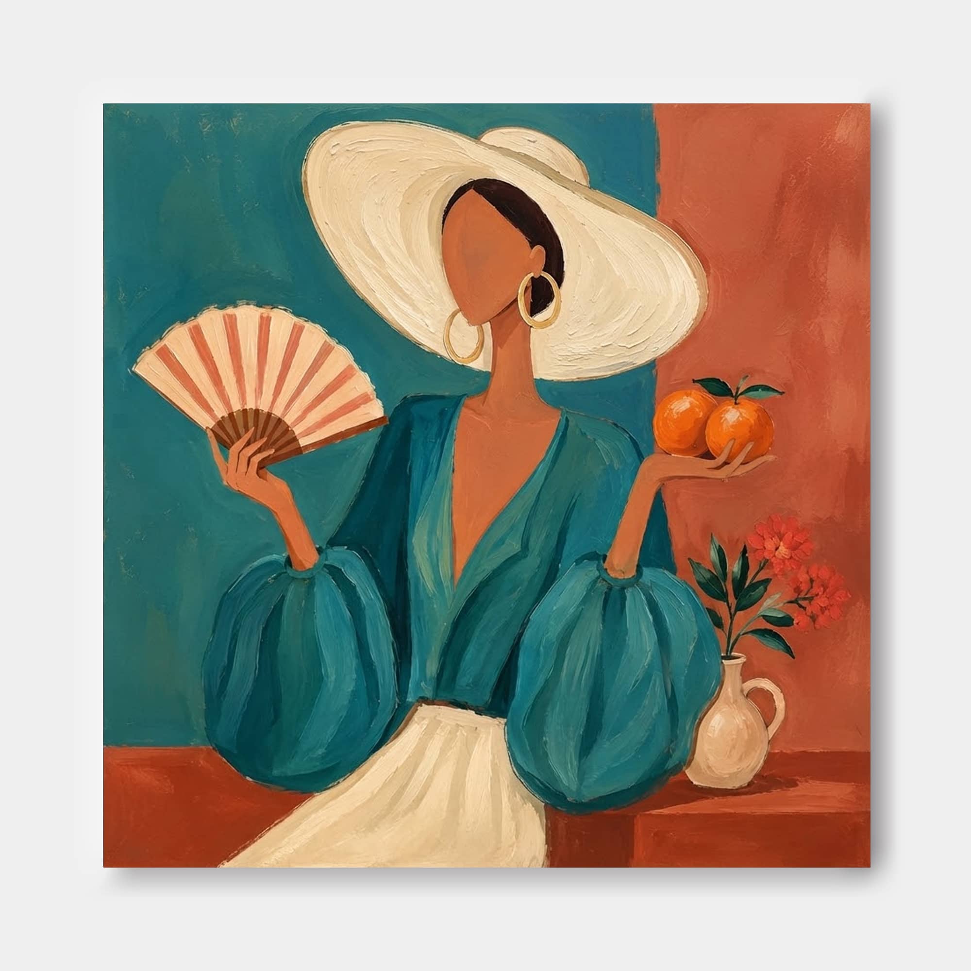 Exotic Lazy Afternoon Oil Painting Of Woman With Fan And Oranges For Lounge Wall Art