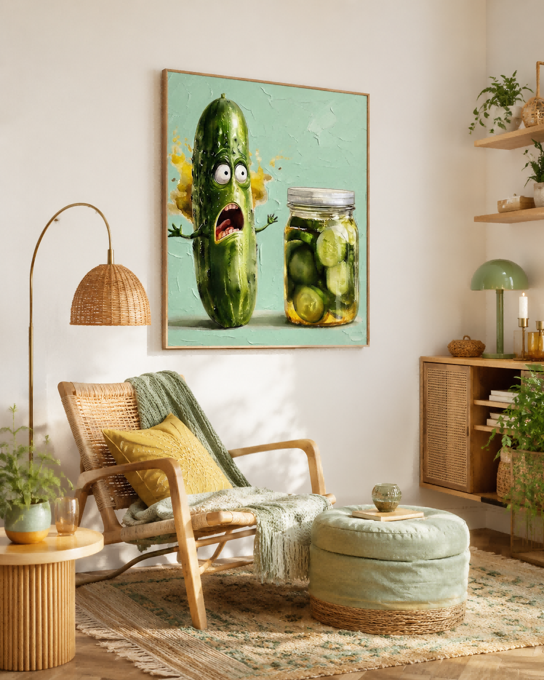 Funny Cucumber Painting For Modern Kitchen Wall Art Decor With Textured Green Pop Art Style