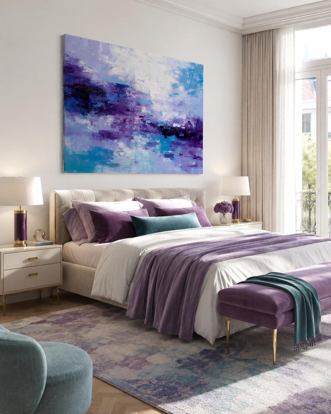 Horizontal Violet And Teal Oil Art For Lounge And Bedroom Calm Atmosphere Design