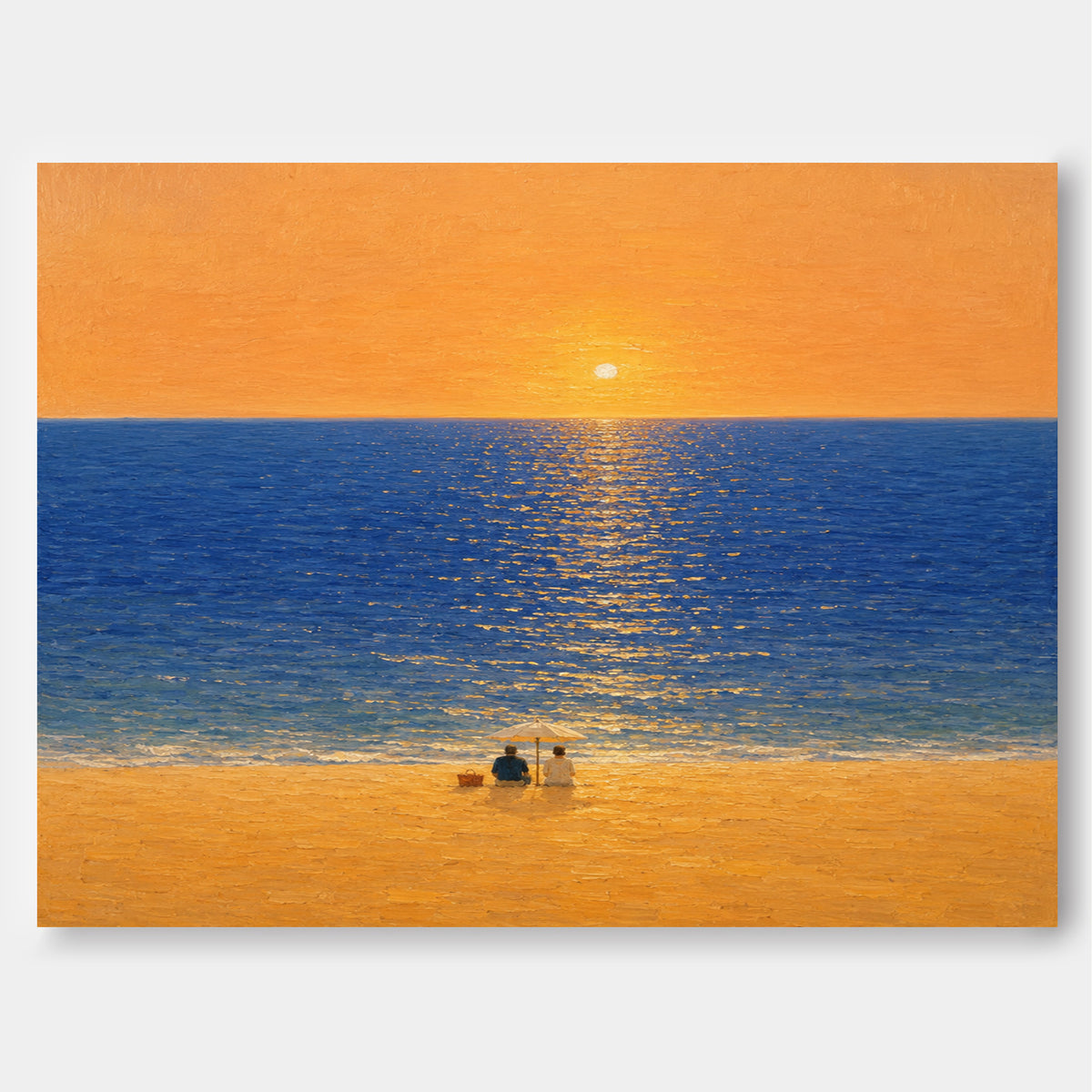 Romantic Sunset Beach Couple Hand-Painted Canvas Wall Art With Orange Sky