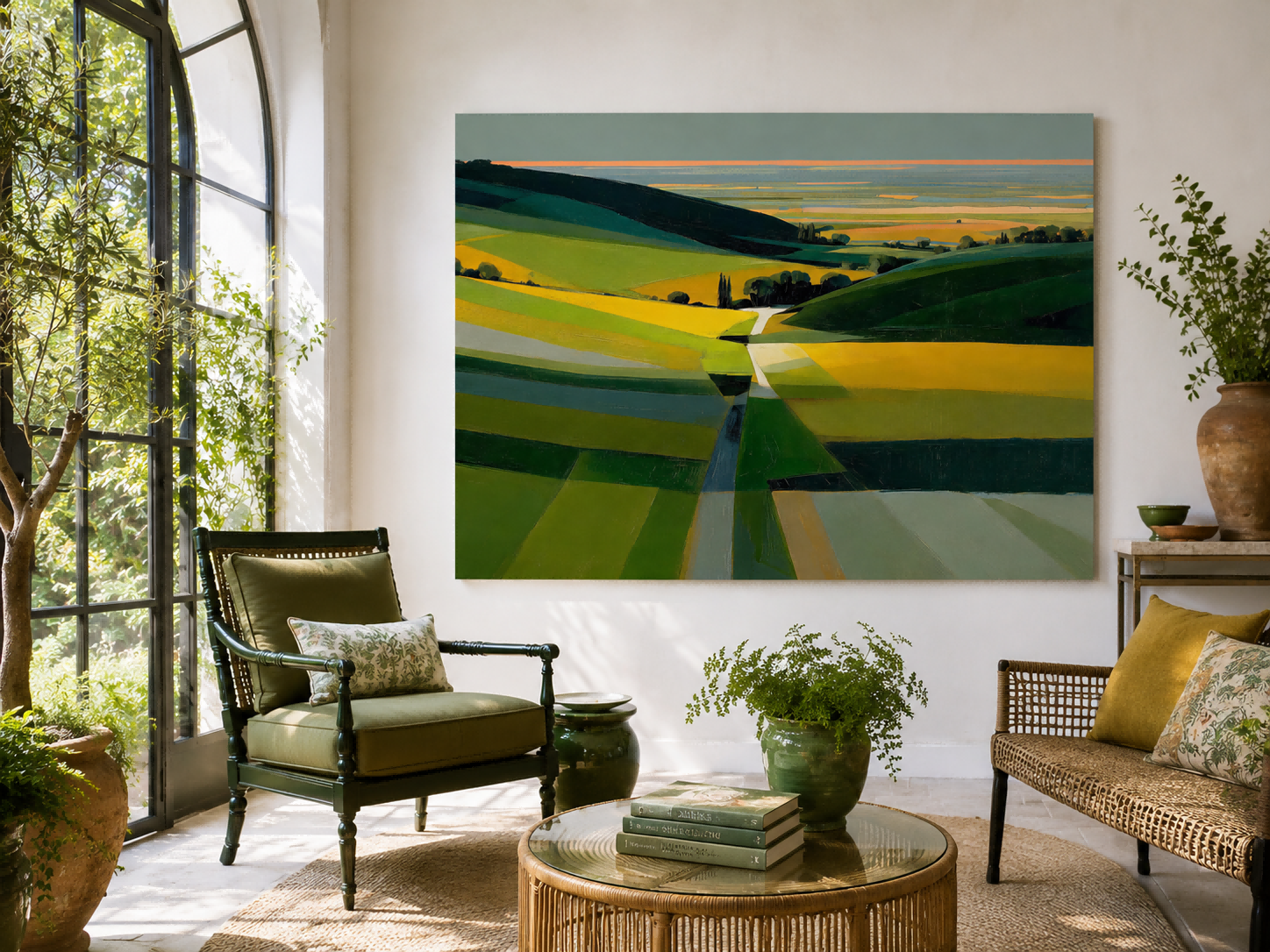 Modern Abstract Landscape Painting With Green And Yellow Fields For Living Room Decor