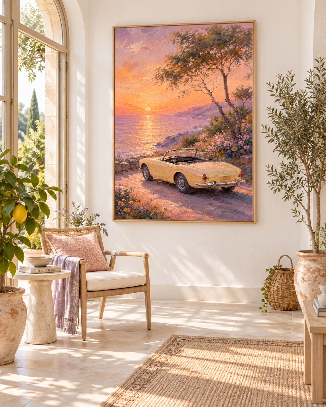 Vintage Car And Sunset Sea Hand-Painted Canvas Art In Gold And Pink