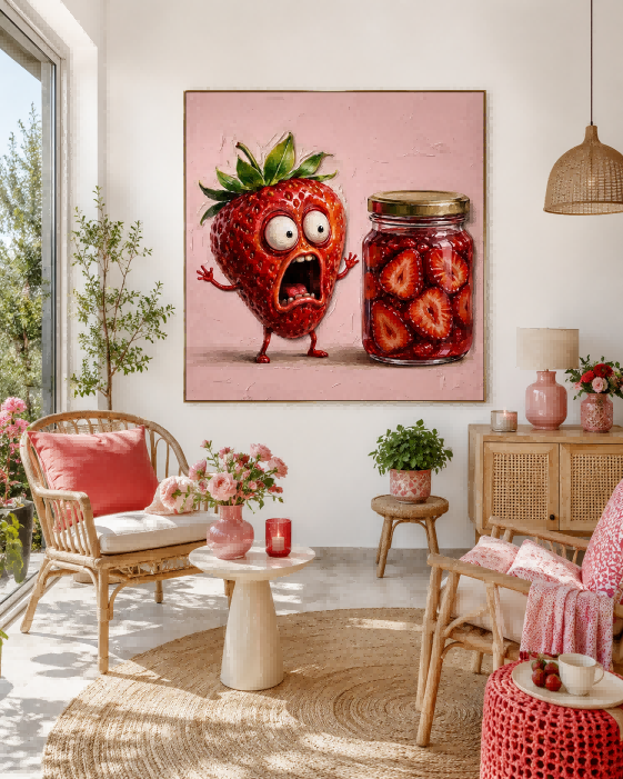 Surreal Strawberry Character Art With Abstract Elements Hand Painted Canvas For Playful Living Room And Dining Area Design