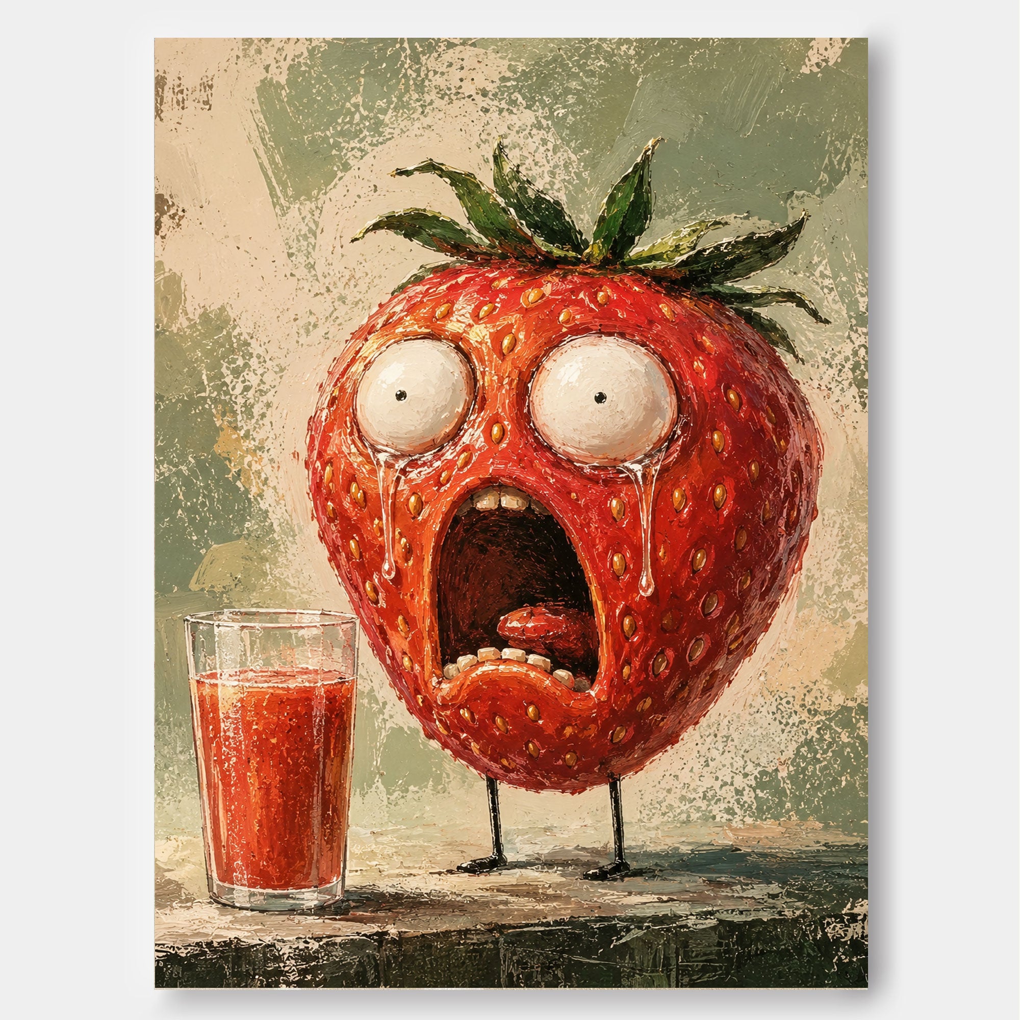 Surreal Anthropomorphic Fruit Art Canvas Featuring A Dramatic Strawberry Character