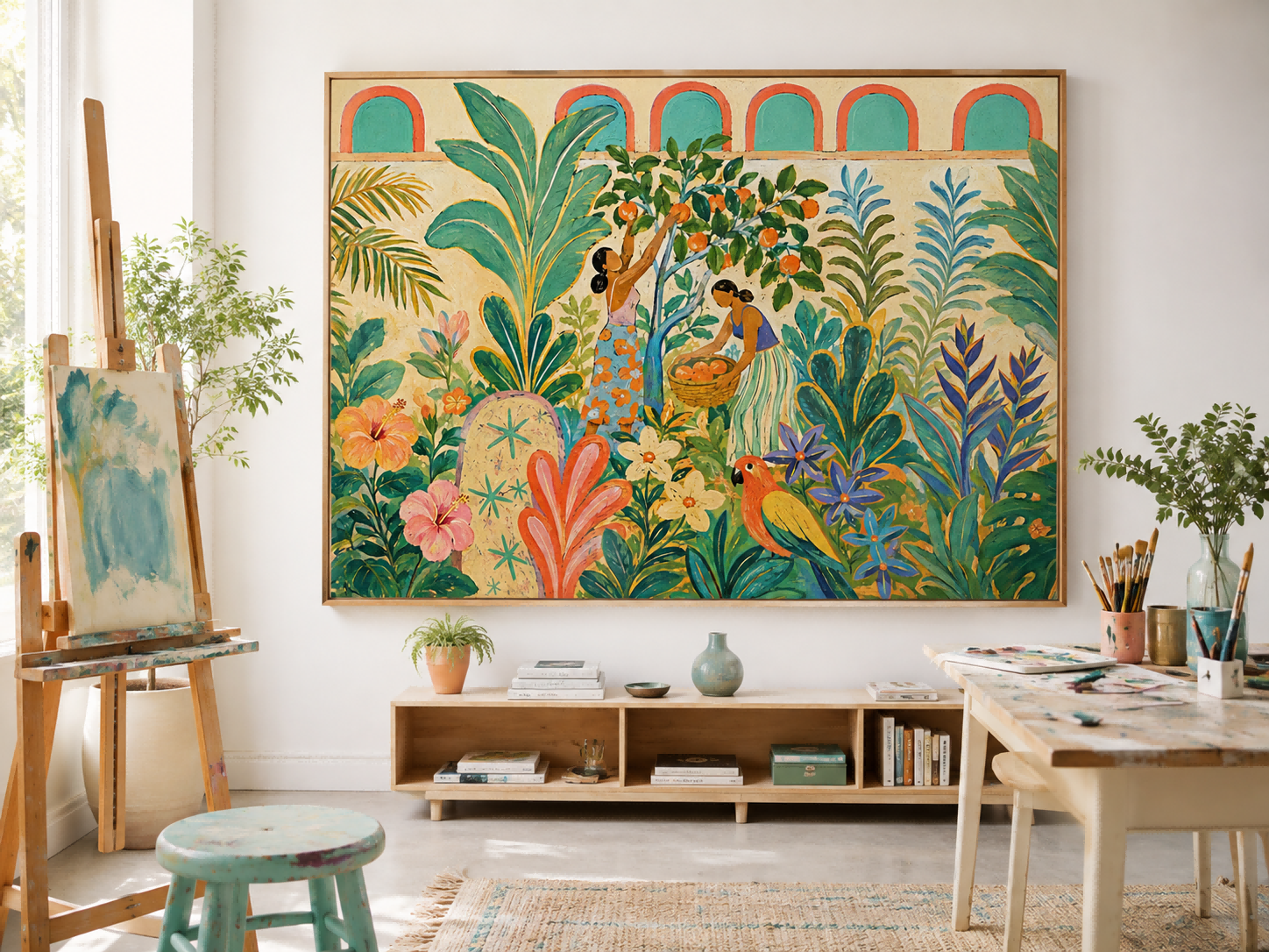 Fantasy Landscape Oil Painting In Art Deco Style Featuring Fruit Picking And Exotic Birds On Canvas