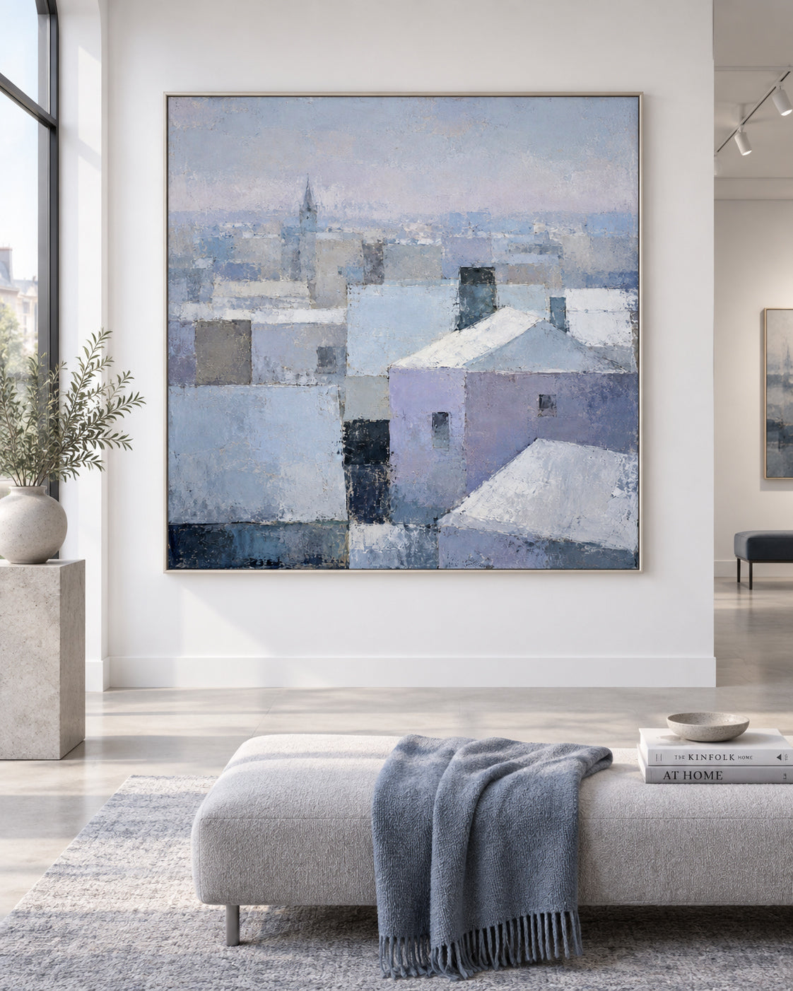 Abstract Cityscape Canvas Painting With Geometric Blue And Purple Blocks