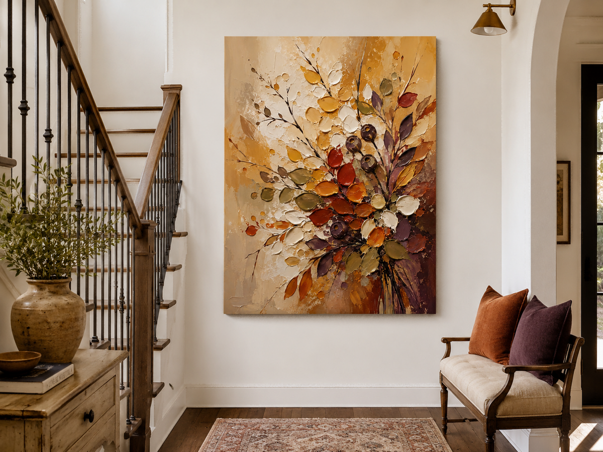 Abstract Floral Canvas Painting With Gold And Beige Tones Vintage Inspired Abstract Art With Heavy Impasto Texture